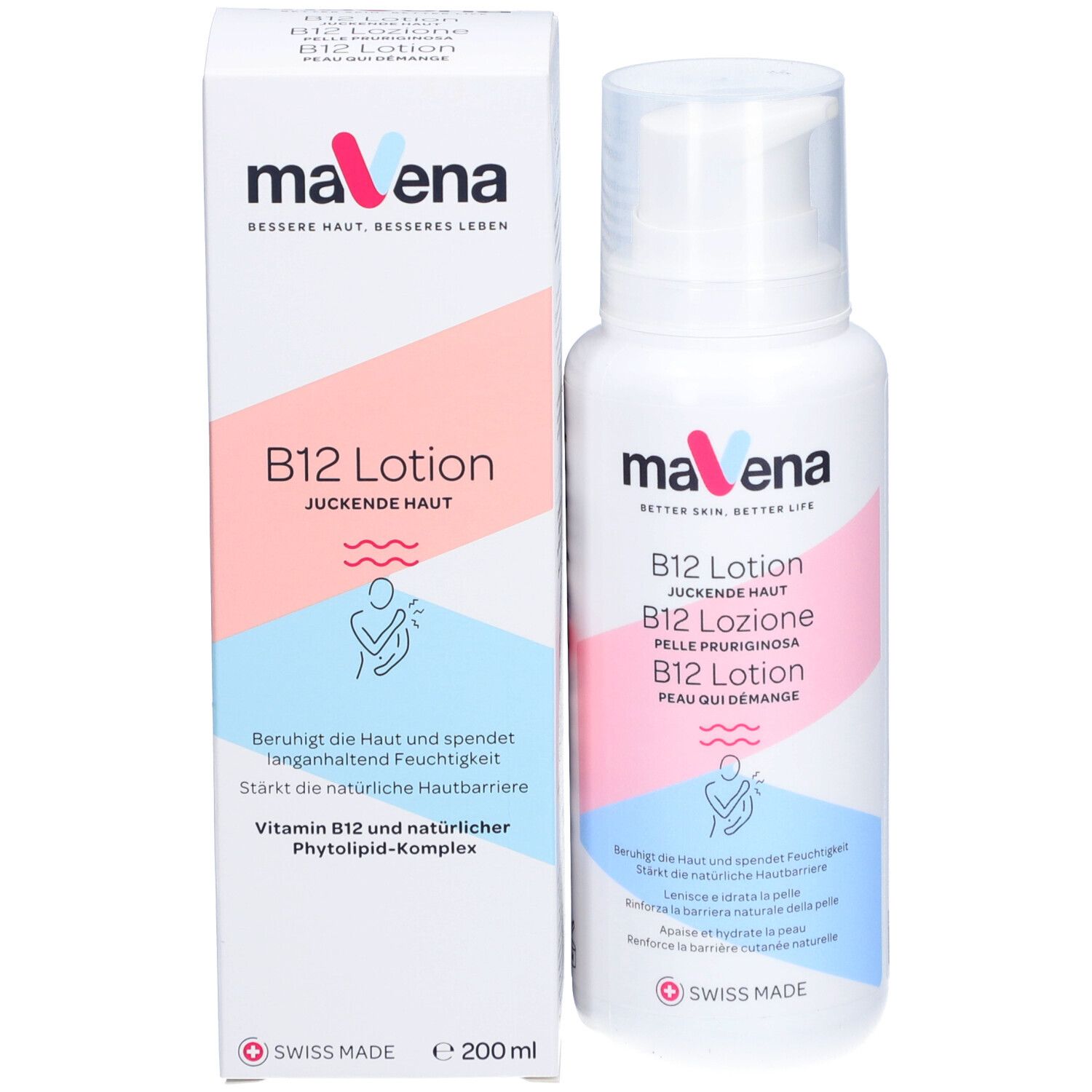 MAVENA B12 Lotion Flasche neben Verpackung. Rosa und blaue Akzente. 200 ml. Swiss Made.
