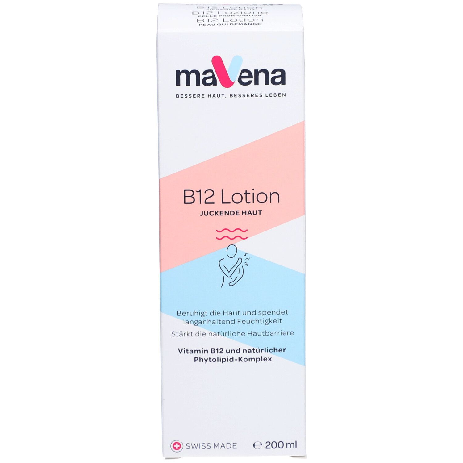 Verpackung von MAVENA B12 Lotion. Rosa und blaue Akzente. 200 ml. Swiss Made.