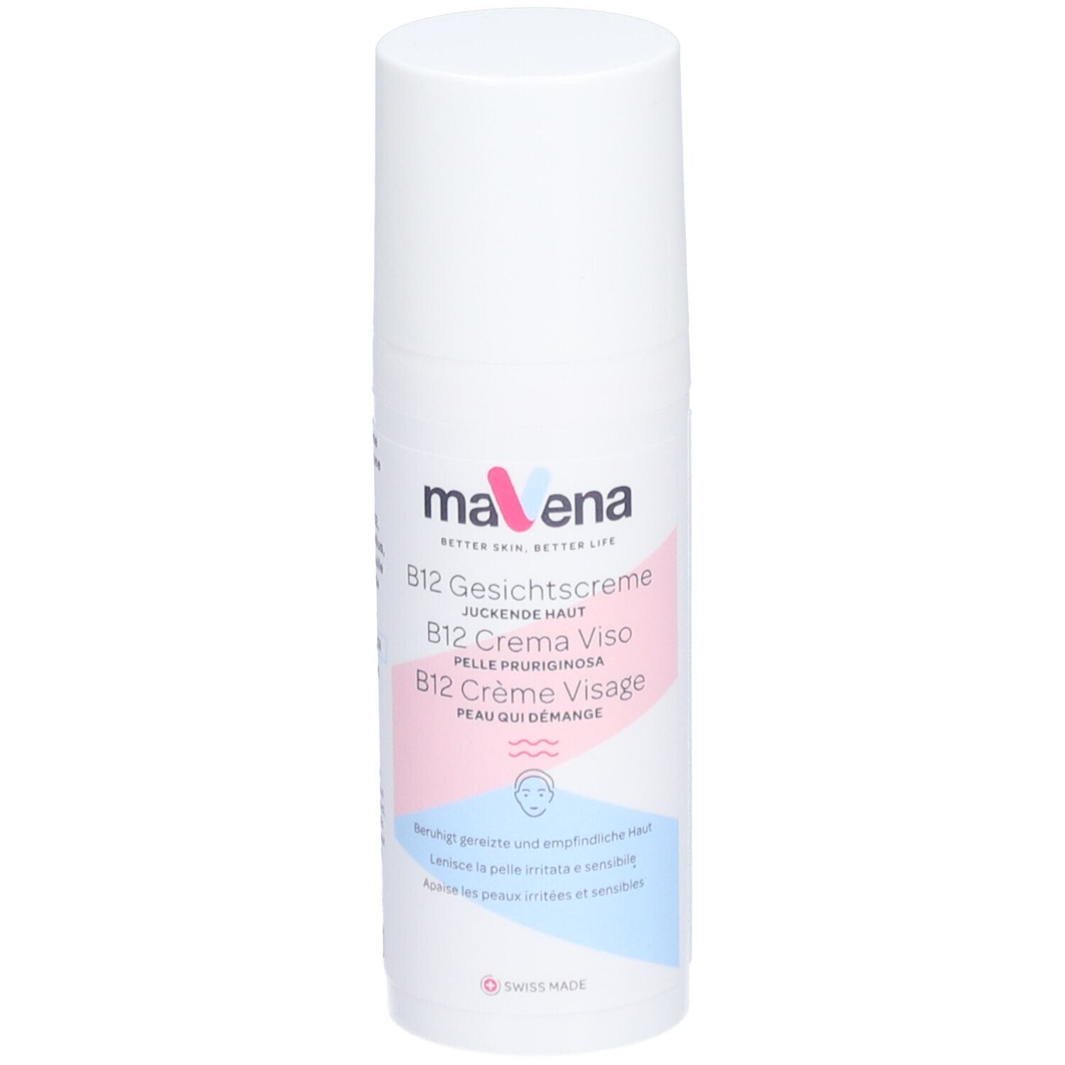 Weiße Flasche mit "mavena" und "B12 Gesichtscreme". Text in Deutsch, Italienisch und Französisch. Schweizer Flagge.