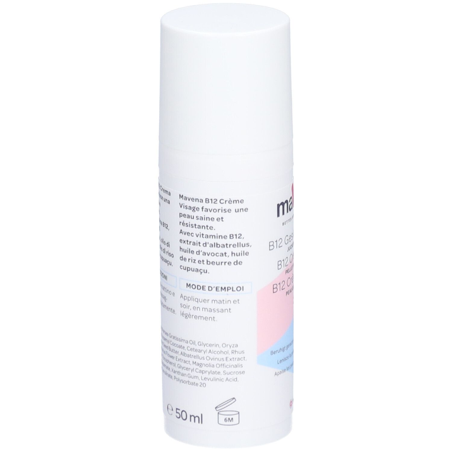 Weiße Flasche "mavena B12 Crème Visage". Text in Deutsch, Italienisch und Französisch. Inhaltsstoffe und Anwendung.