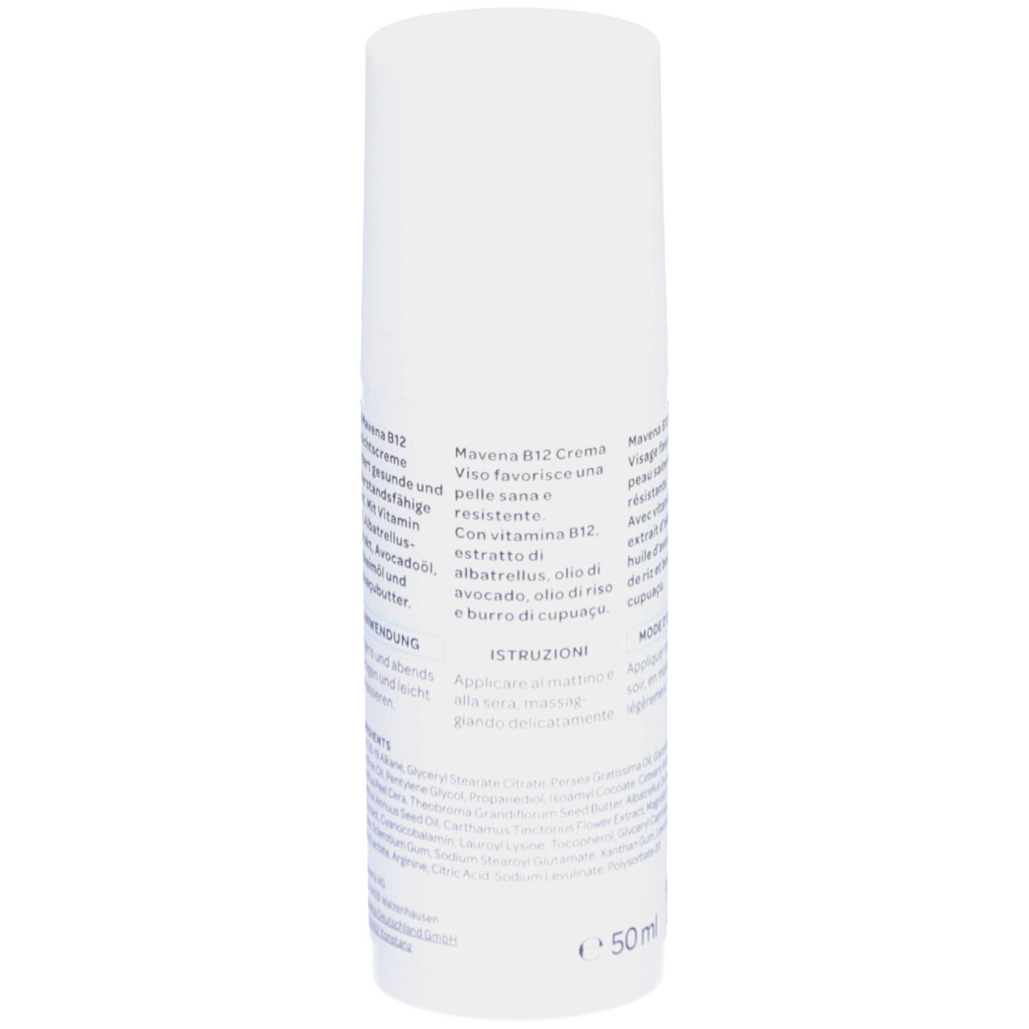 Weiße Flasche "mavena B12 Crème Visage". Text in Deutsch, Italienisch und Französisch. Inhaltsstoffe und Anwendung.