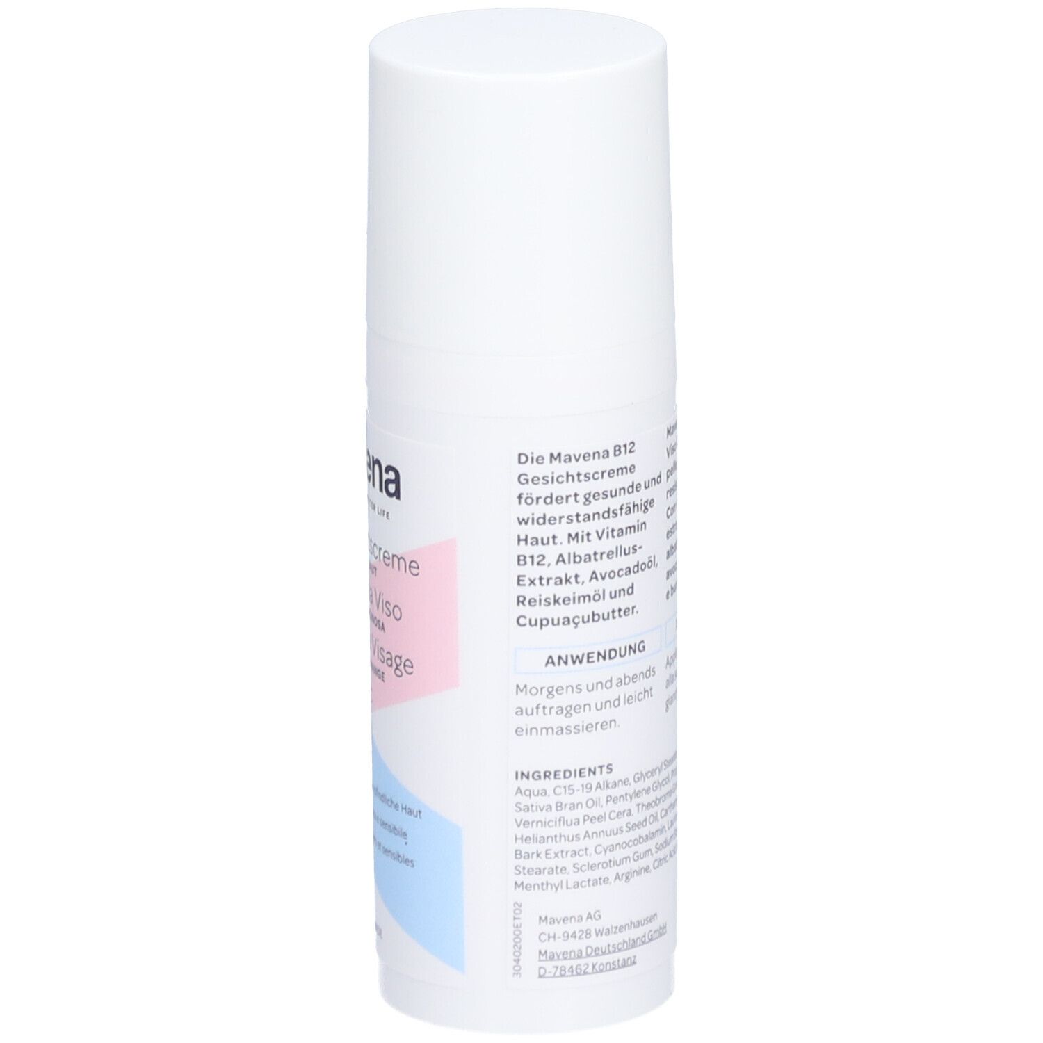 Weiße Flasche "mavena B12 Crème Visage". Text in Deutsch, Italienisch und Französisch. Inhaltsstoffe und Anwendung.