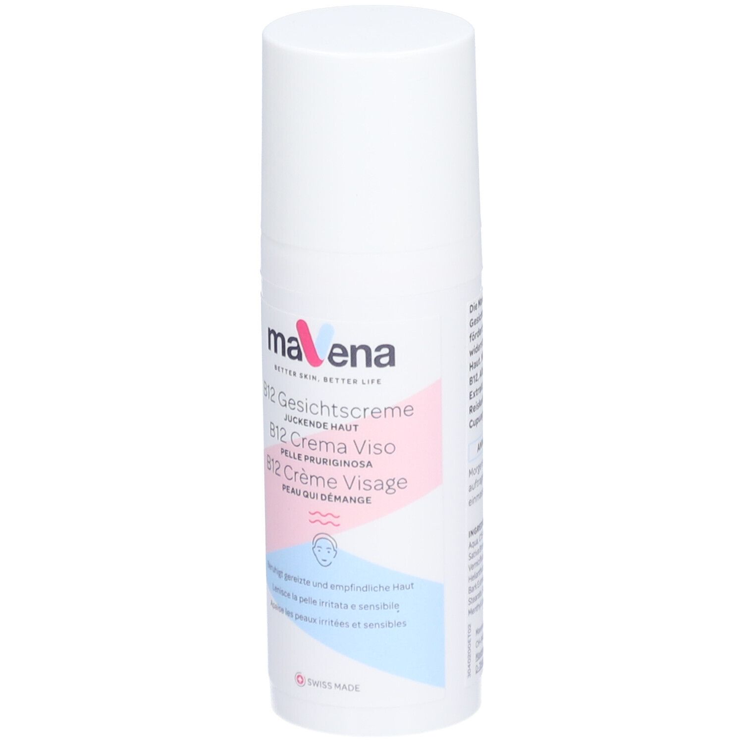 Weiße Flasche "mavena B12 Crème Visage". Text in Deutsch, Italienisch und Französisch. Schweizer Flagge.