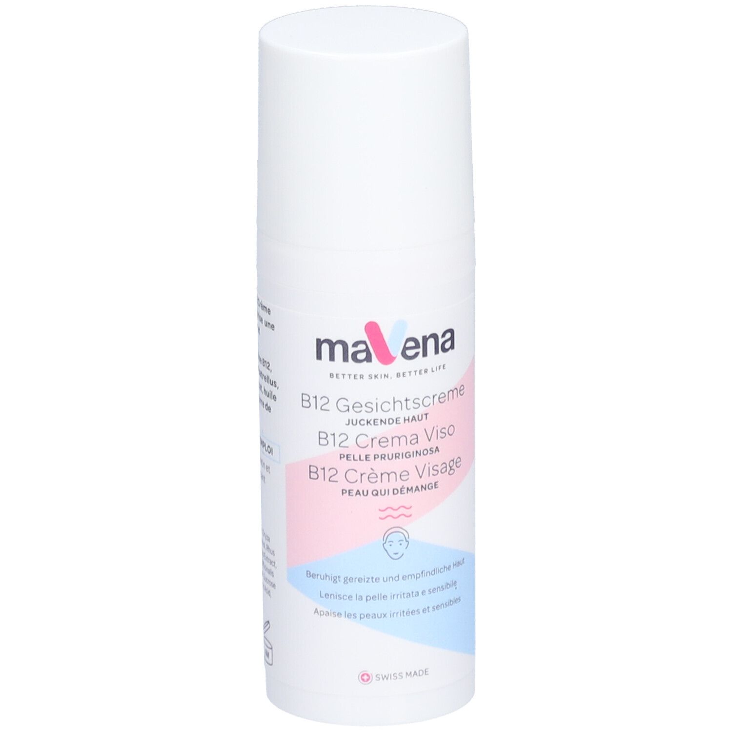 Weiße Flasche "mavena B12 Crème Visage". Text in Deutsch, Italienisch und Französisch. Schweizer Flagge.