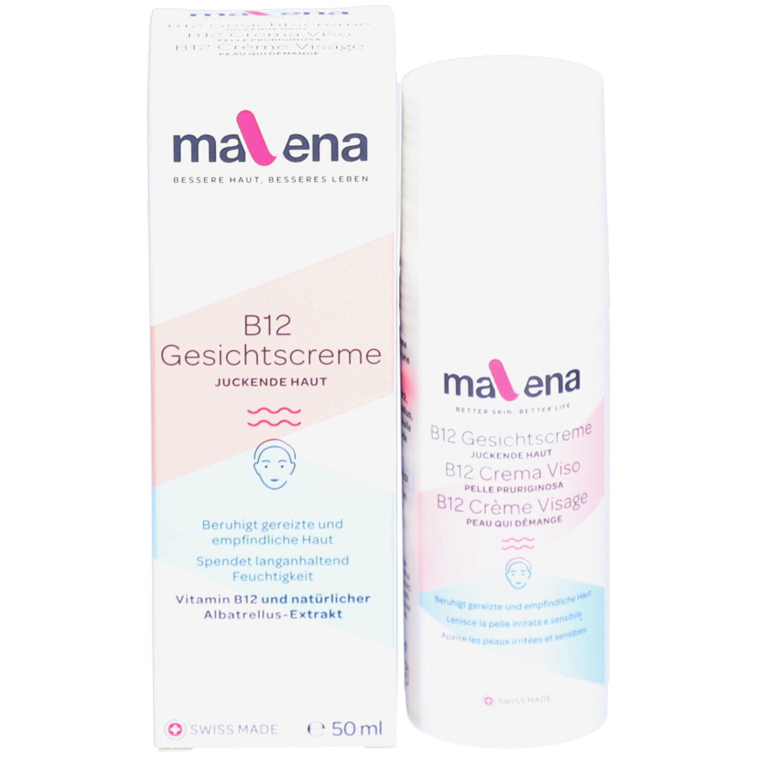 Produkt und Verpackung. "mavena B12 Gesichtscreme". Text in Deutsch. Schweizer Flagge. 50 ml.