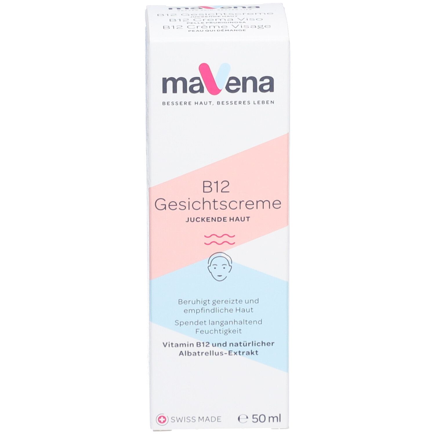 Verpackung "mavena B12 Gesichtscreme". Text in Deutsch. Schweizer Flagge. 50 ml.