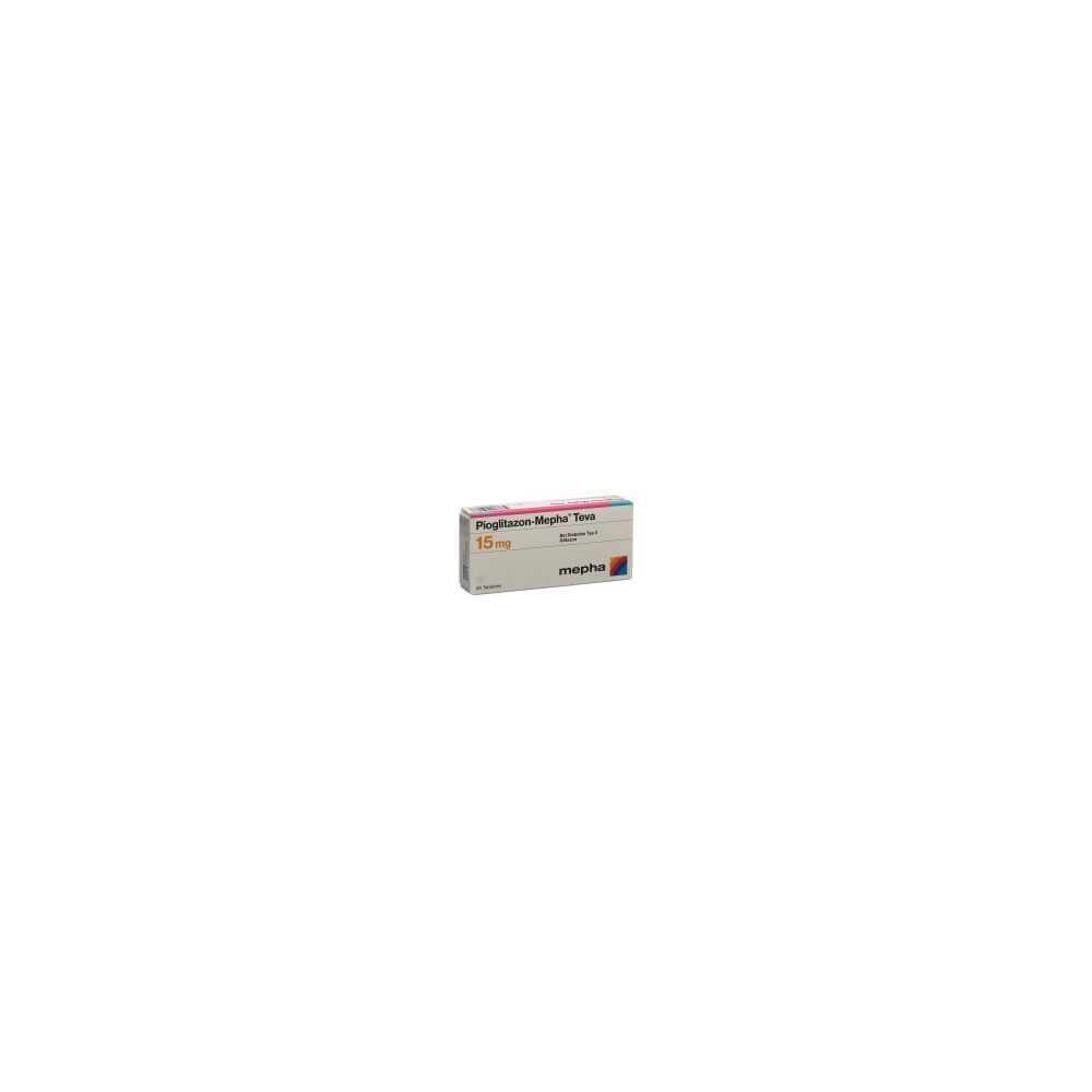 Schachtel mit Medikamenten. Aufschrift: Pioglitazon Mepha Teva Tabl 15 mg. Marke: mepha.
