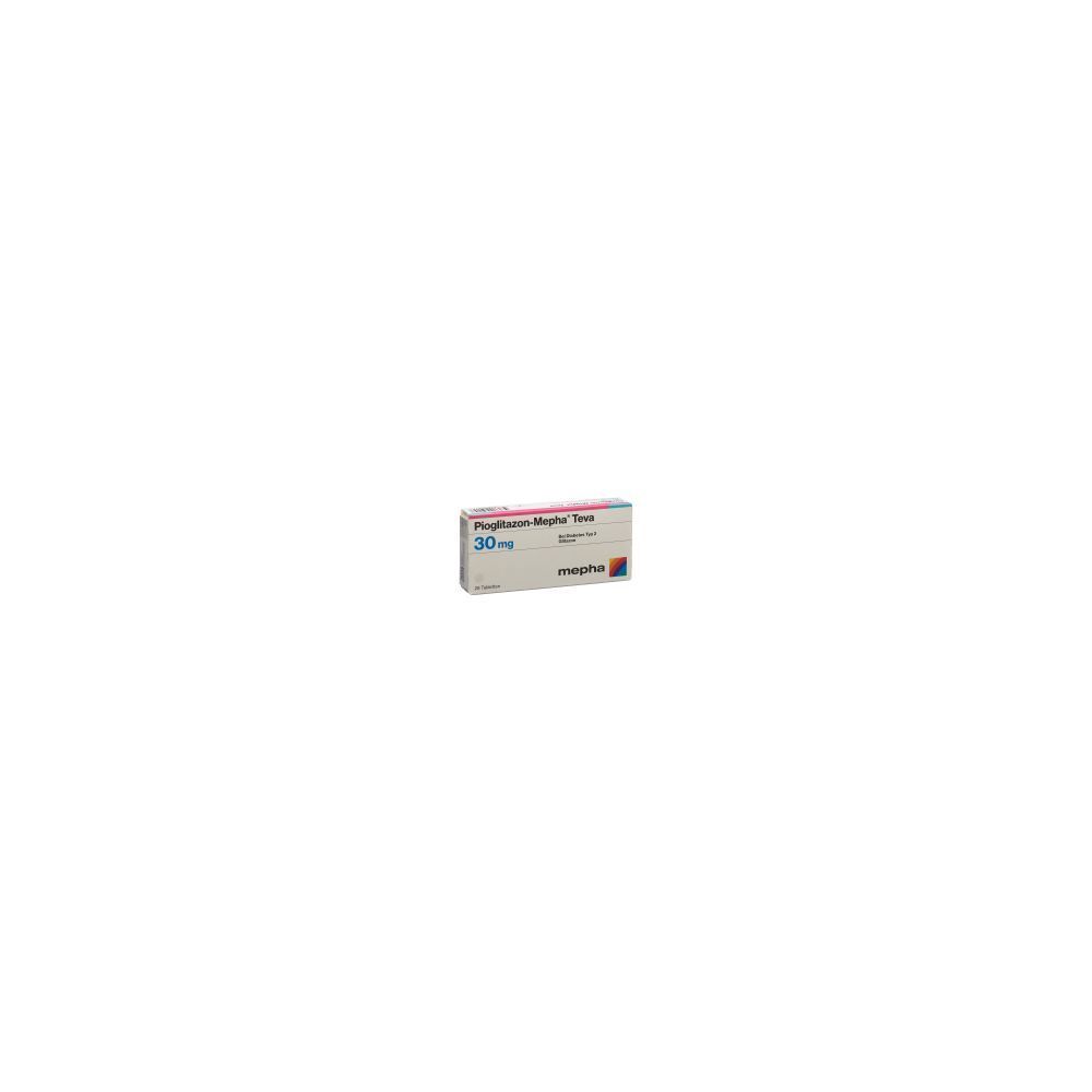 Karton von PIOGLITAZON Mepha Teva Tabl 30 mg. Aufschrift: 30 mg, Logo, Name. Rechteckige Form, weiß, blau, rot.