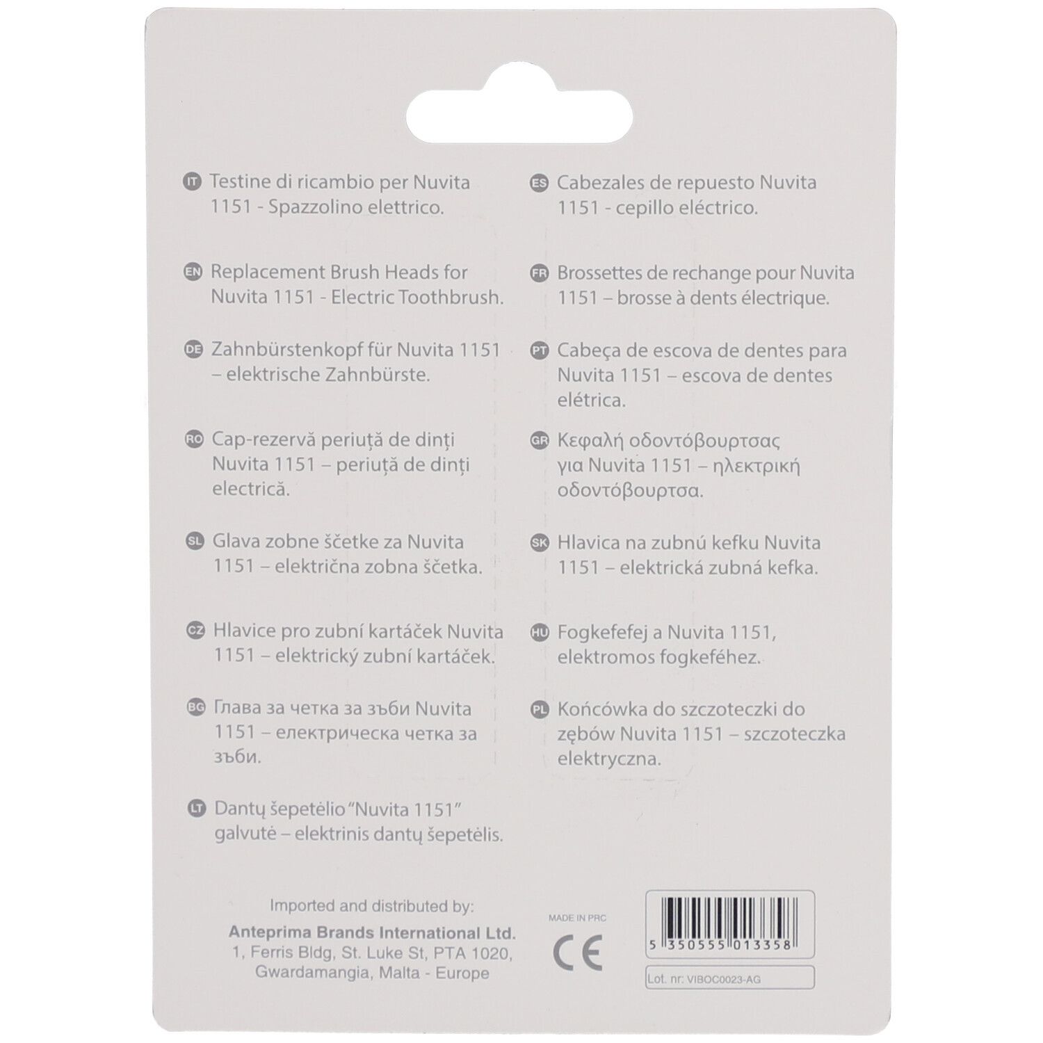Rückseite der Verpackung mit Produktinformationen in verschiedenen Sprachen. Text und Barcode.