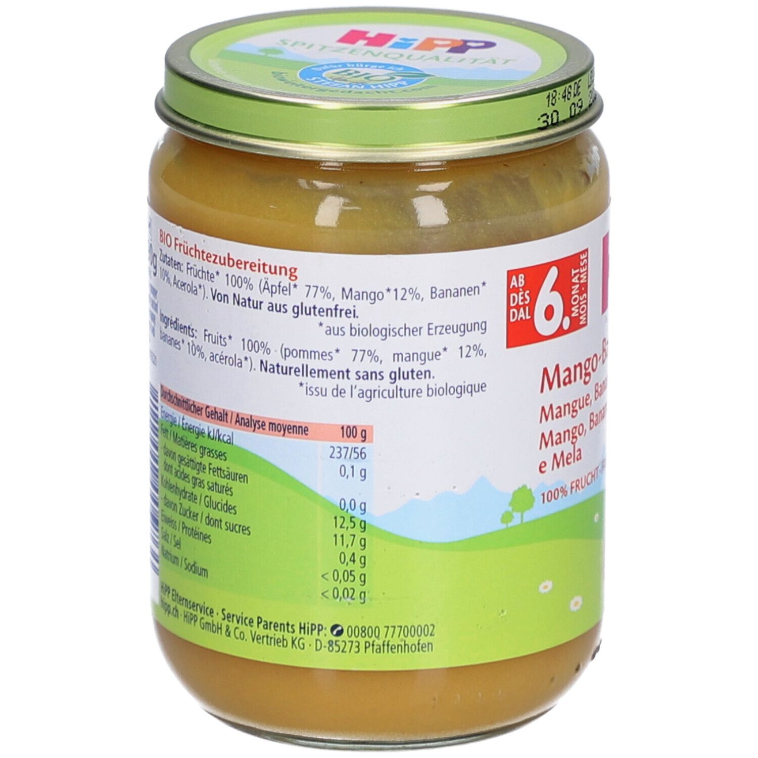 Dos du pot de purée HiPP Bio. Liste des ingrédients, informations nutritionnelles et label bio. Couvercle avec date de péremption.
