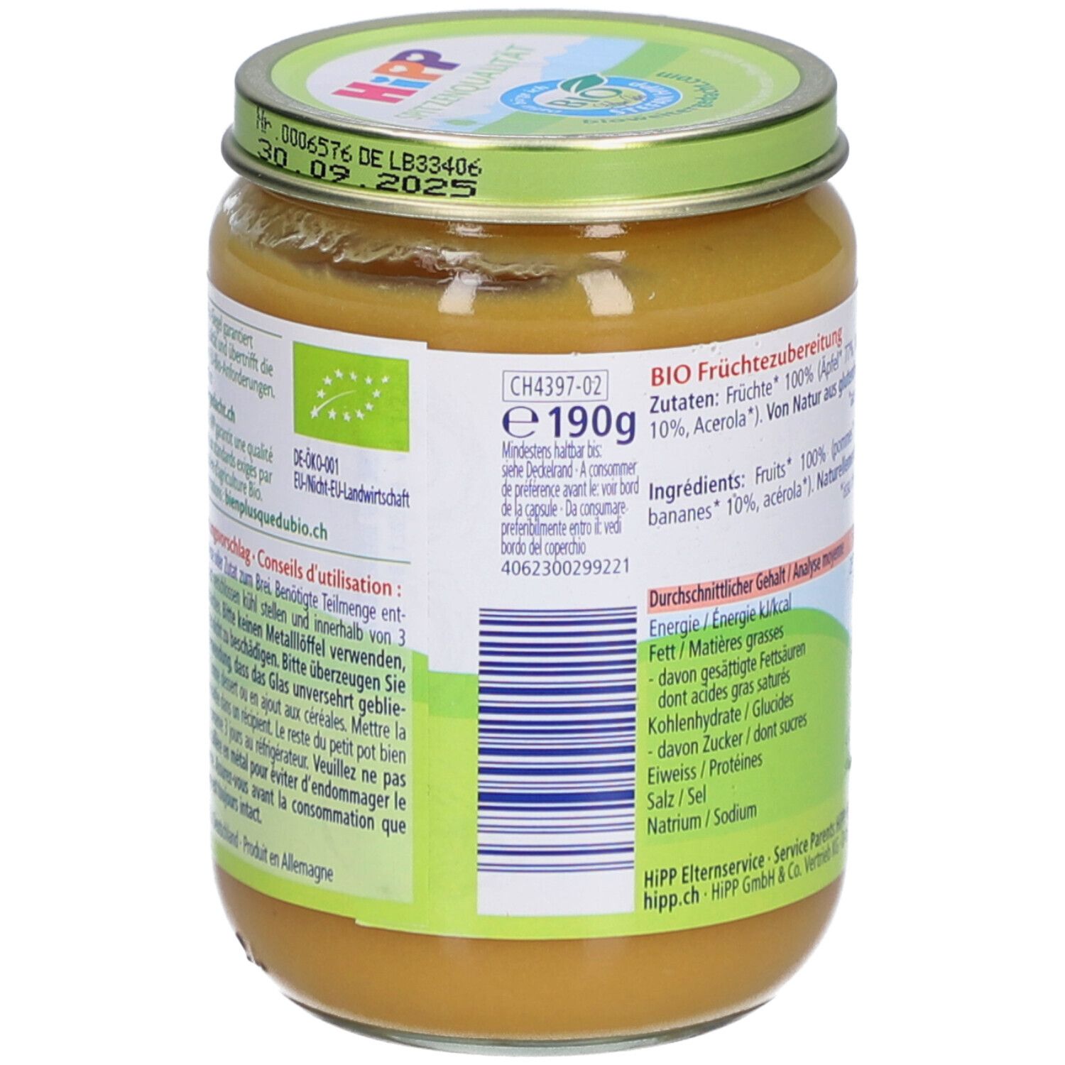 Pot de purée HiPP Bio. Étiquette avec ingrédients, informations nutritionnelles et label bio. Couvercle avec date et numéro de lot.