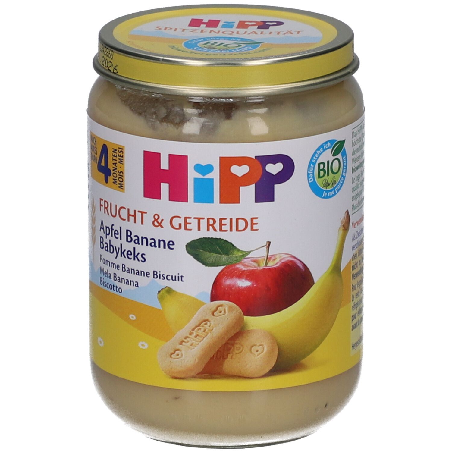 Glas mit HiPP Bio Apfel-Bananen-Püree Kekse ab 4 Monaten. Aufkleber mit Apfel, Banane und Keksen. Deckel mit Aufdruck.