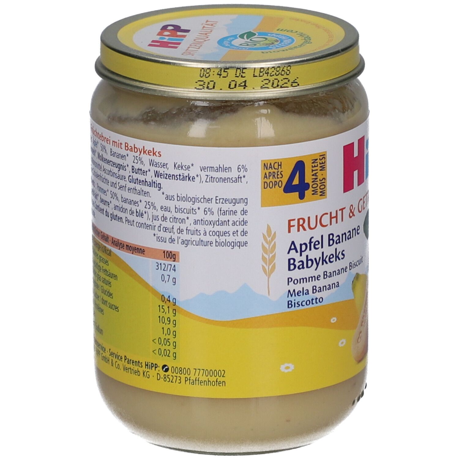 Glas HiPP Bio Apfel-Bananen-Püree Kekse ab 4 Monaten. Zutatenliste und Nährwertangaben. Deckel mit Haltbarkeitsdatum.