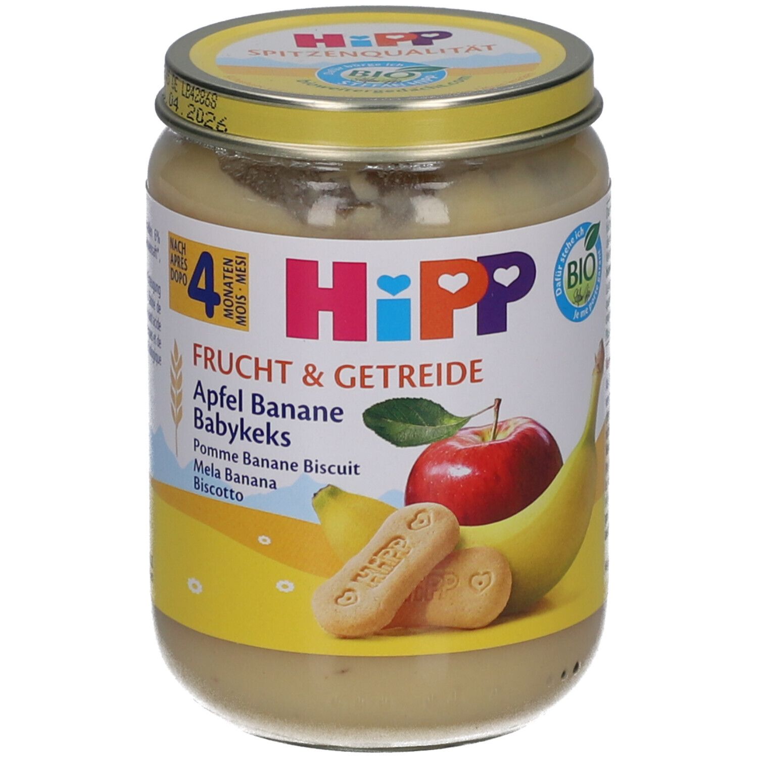 Glas mit HiPP Bio Apfel-Bananen-Püree Kekse ab 4 Monaten. Aufkleber mit Apfel, Banane und Keksen. Deckel mit Aufdruck.