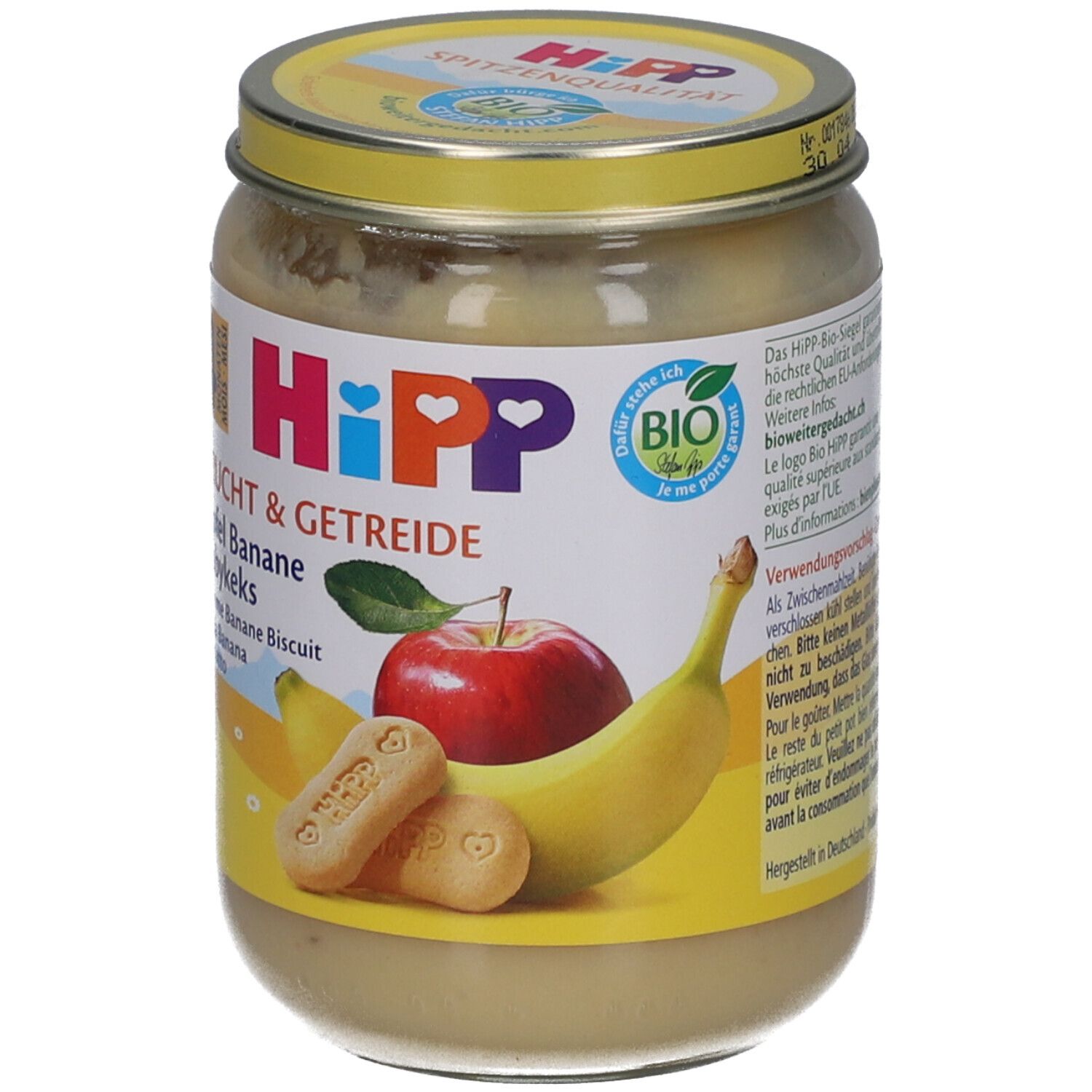 Glas mit HiPP Bio Apfel-Bananen-Püree Kekse ab 4 Monaten. Aufkleber mit Apfel, Banane und Keksen. Deckel mit Aufdruck.