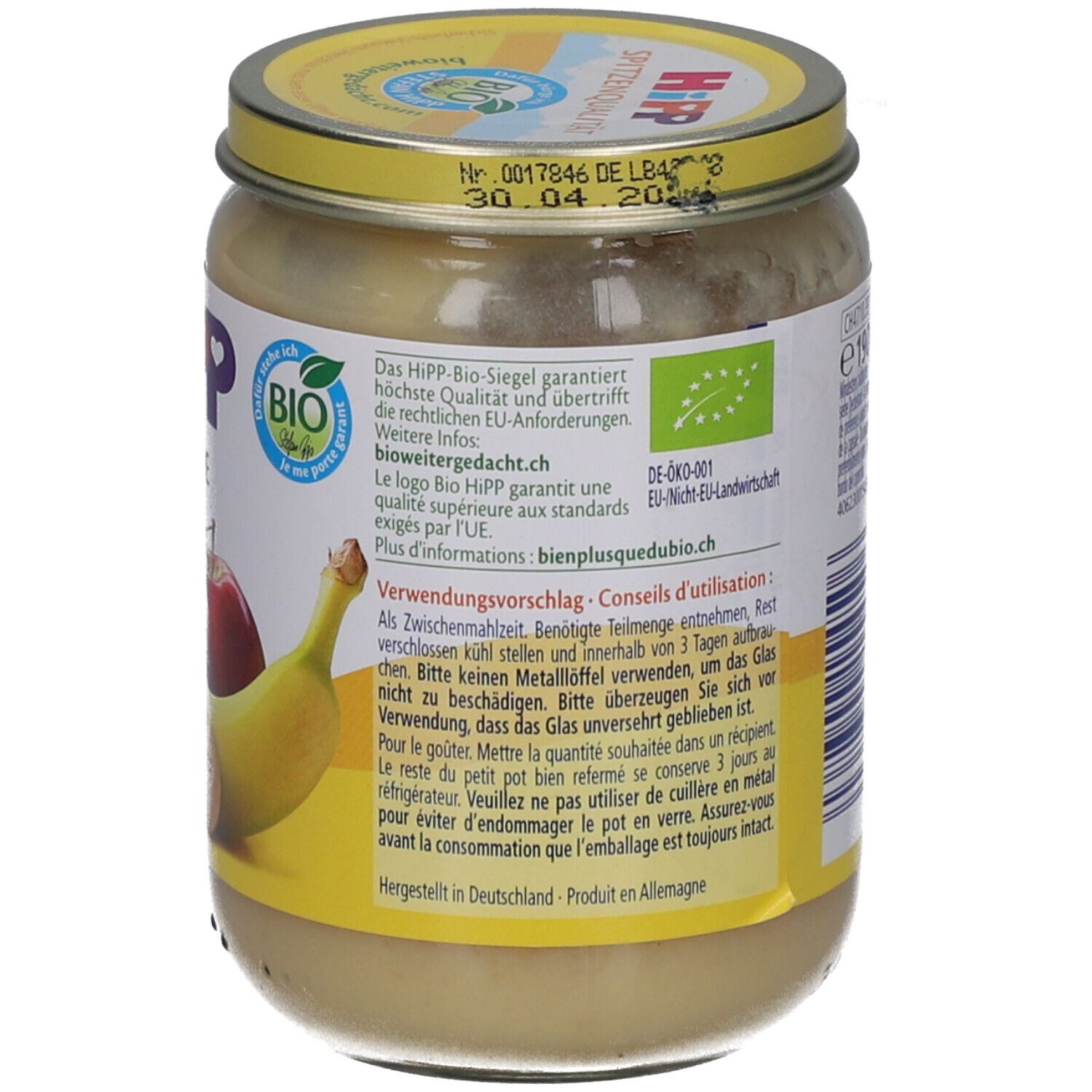Rückseite des Glases HiPP Bio Apfel-Bananen-Püree Kekse ab 4 Monaten. Bio-Siegel und Verwendungs-hinweise. Deckel mit Haltbarkeitsdatum.