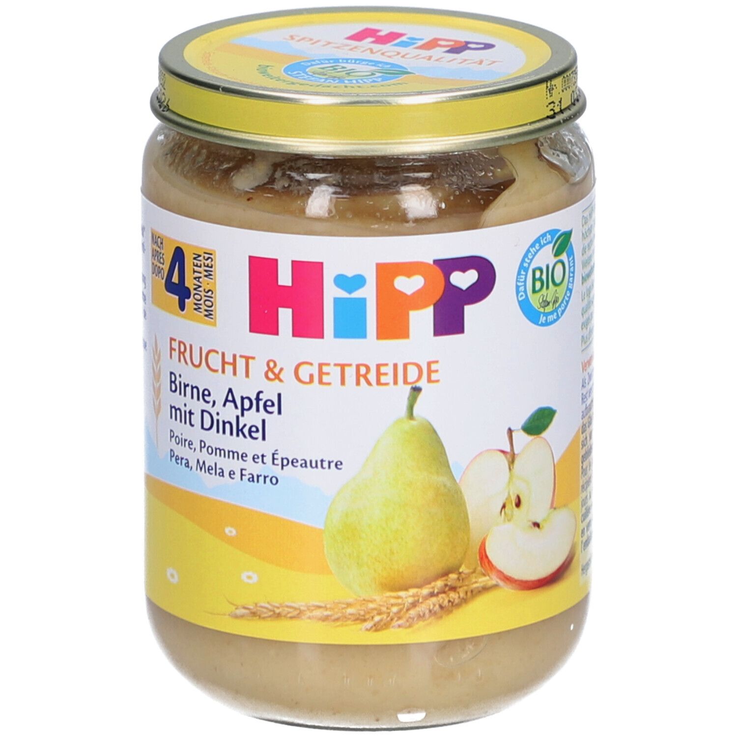 Pot de purée HiPP Bio Poire Pomme avec Épeautre. Étiquette avec poire et pomme. Label bio.