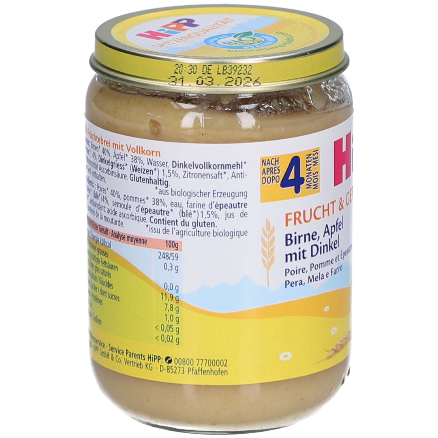 Pot de purée HiPP Bio Poire Pomme avec Épeautre. Liste des ingrédients et valeurs nutritionnelles. Label bio. Date limite.