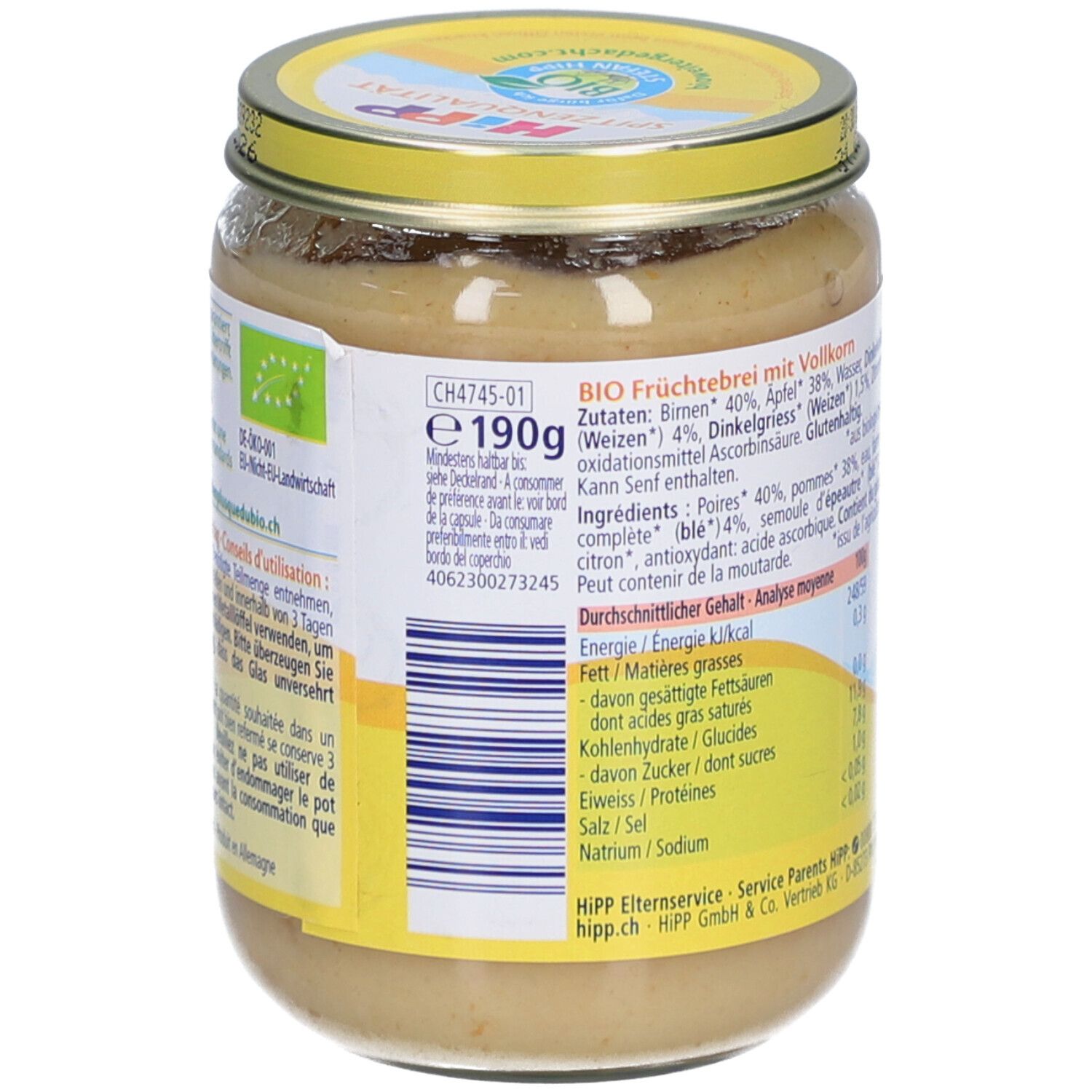 Dos du pot de purée HiPP Bio Poire Pomme avec Épeautre. Liste des ingrédients, valeurs nutritionnelles et label bio.