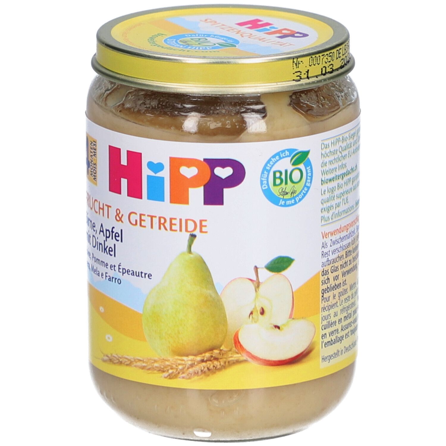 Pot de purée HiPP Bio Poire Pomme avec Épeautre. Étiquette avec poire, pomme et céréales. Label bio.