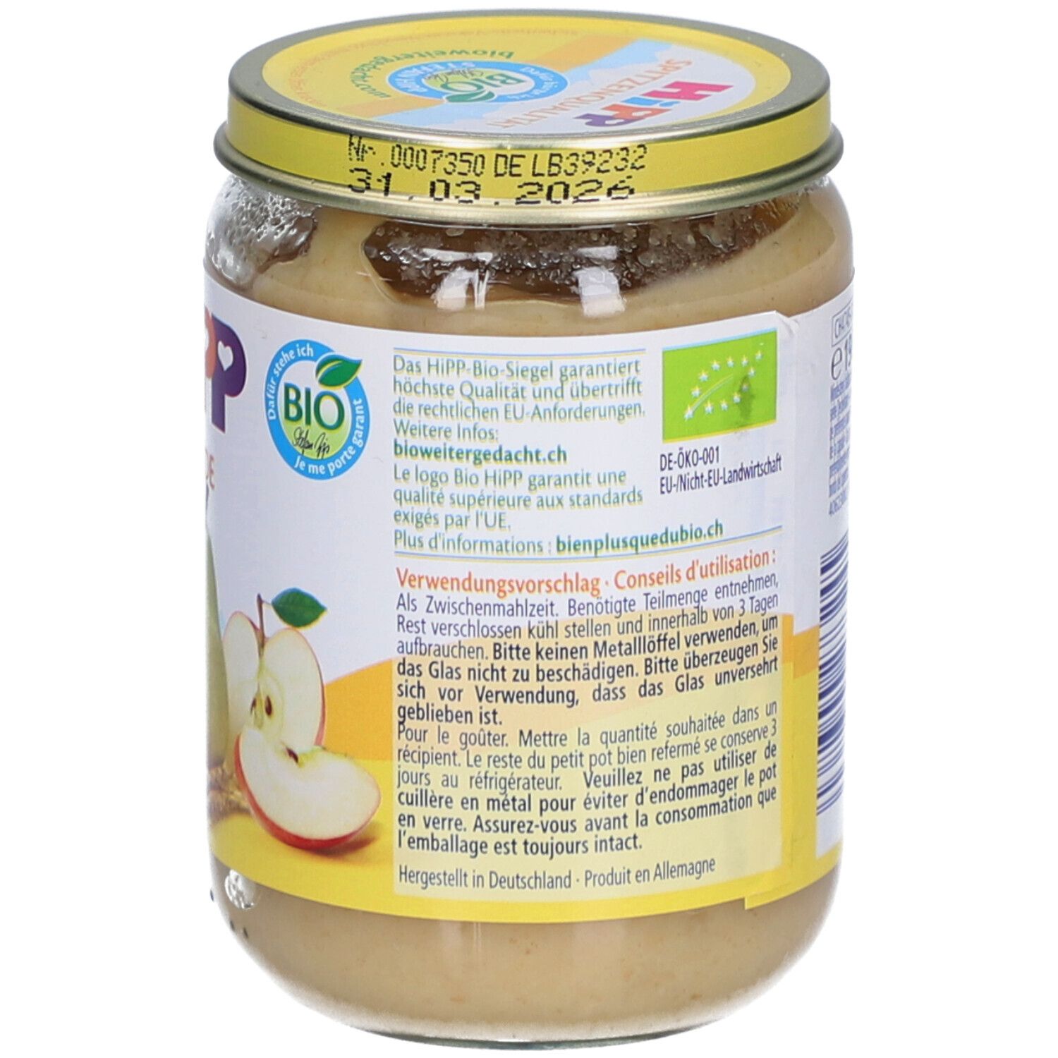 Dos du pot de purée HiPP Bio Poire Pomme avec Épeautre. Informations, label bio et conseils d'utilisation.
