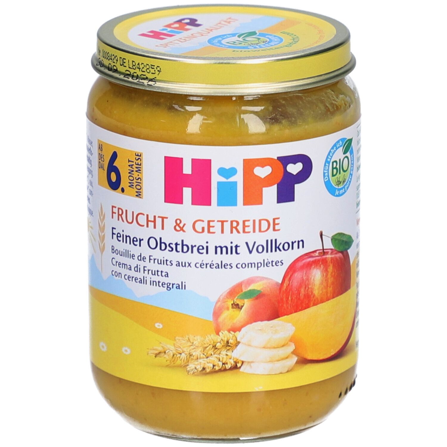 Pot de purée fruits et céréales. Inscription: HiPP, Bio, 6 mois. Illustration de fruits.