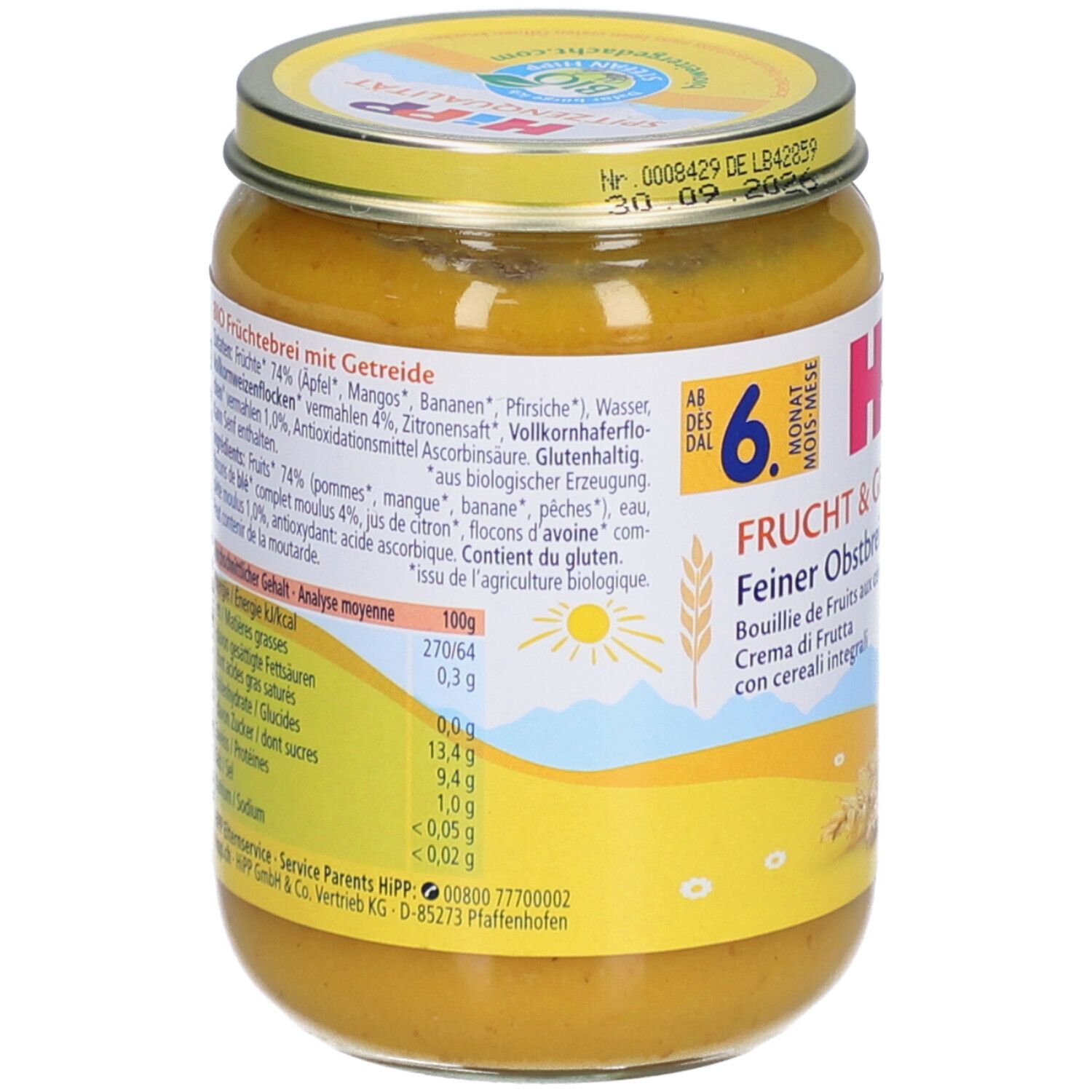 Pot de purée fruits et céréales. Dos avec informations nutritionnelles et liste des ingrédients.