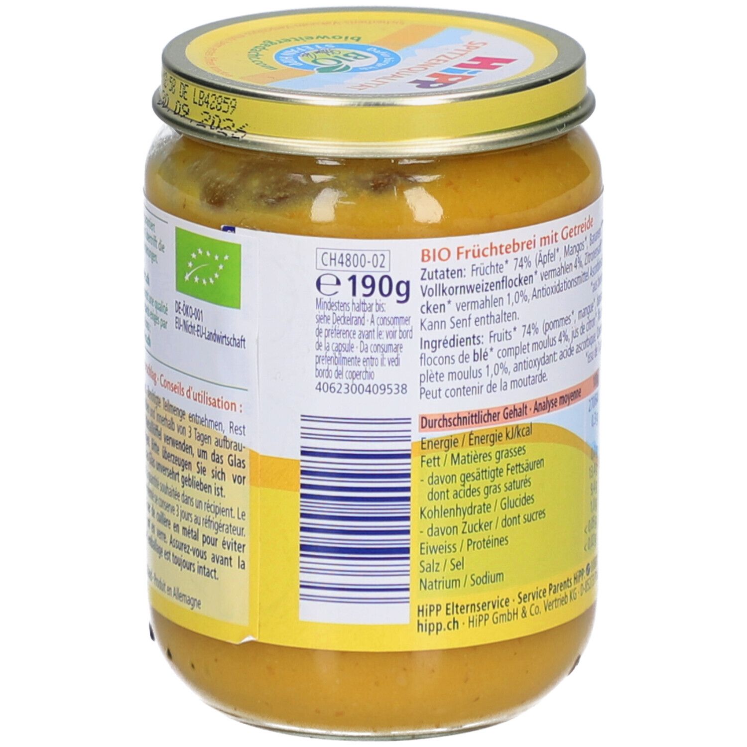 Pot de purée fruits et céréales. Dos avec liste d'ingrédients et informations nutritionnelles.