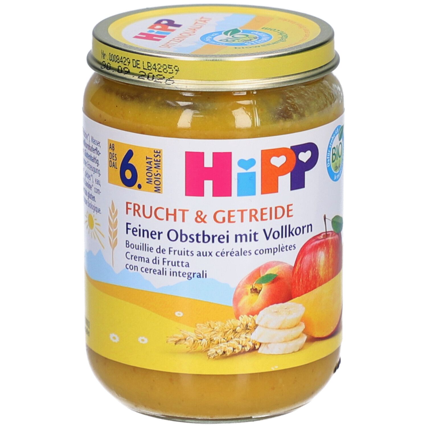 Pot de purée fruits et céréales. Inscription: HiPP, Bio, 6 mois. Illustration de fruits.