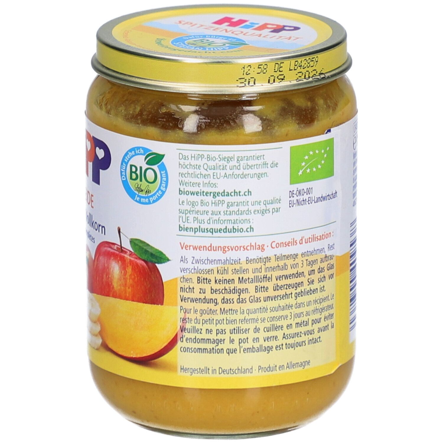 Pot de purée fruits et céréales. Dos avec informations et label Bio.
