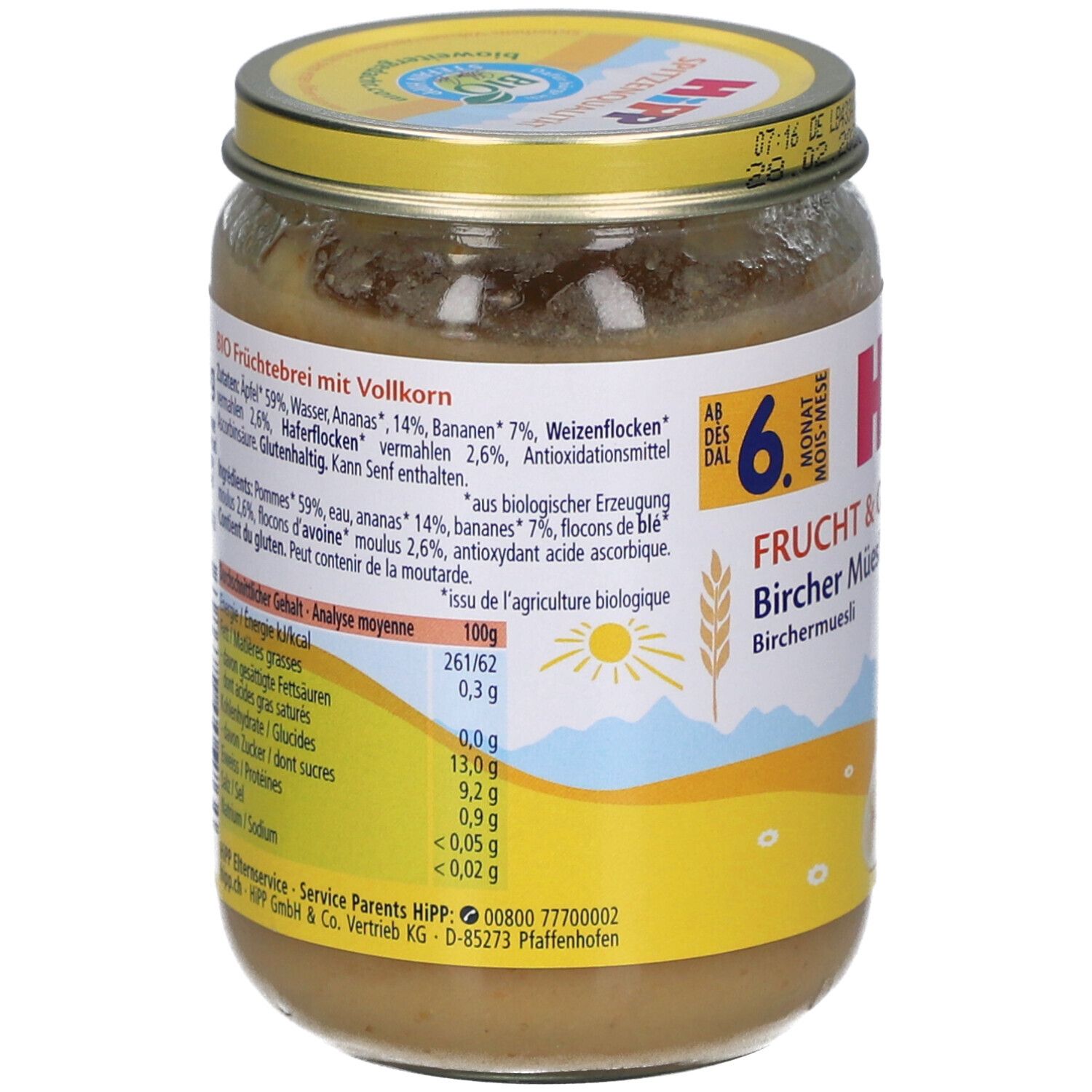 Pot de purée HiPP Bio Bircher Müsli. Dos avec liste d'ingrédients et informations nutritionnelles. Label bio.