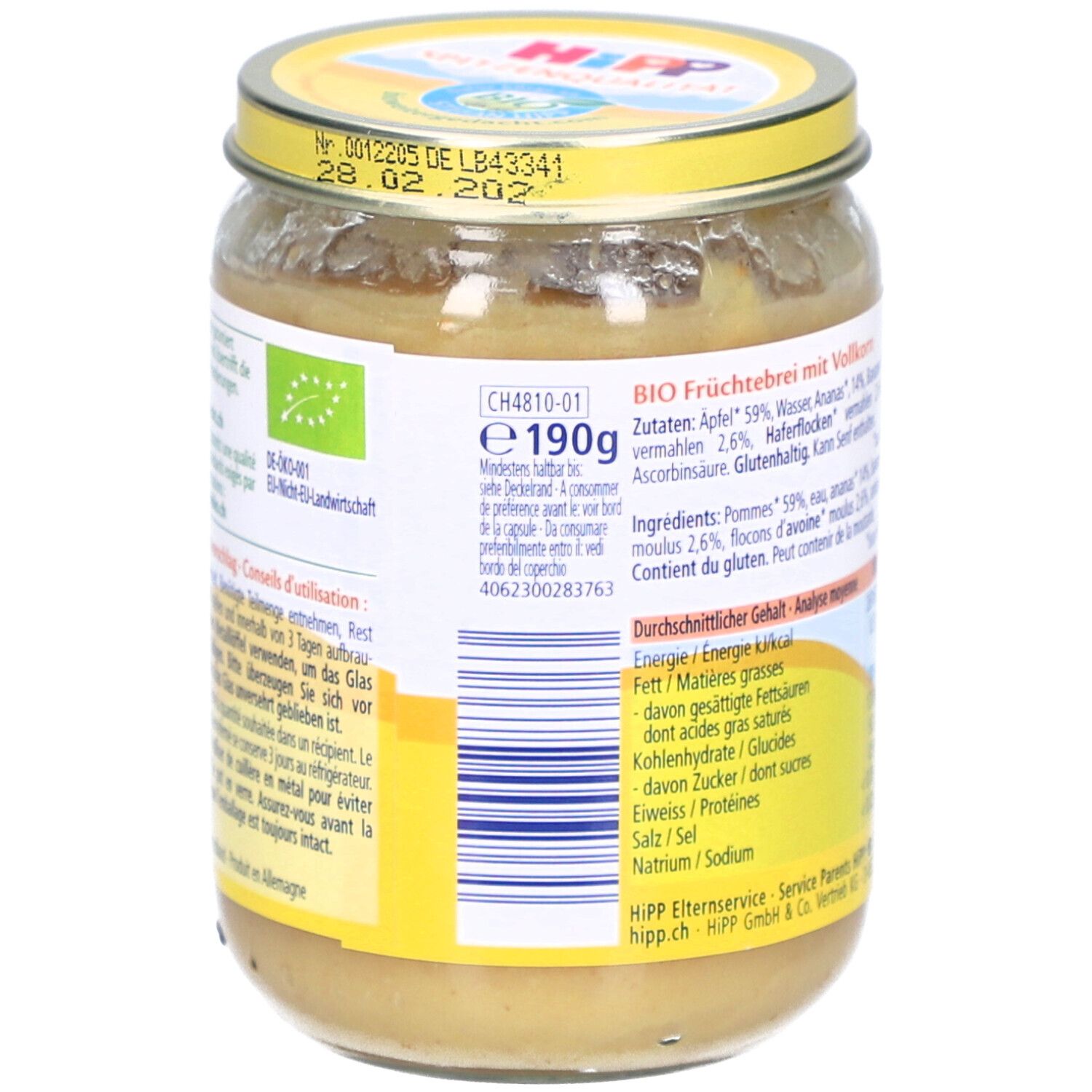 Pot de purée HiPP Bio Bircher Müsli. Dos avec liste d'ingrédients et informations nutritionnelles. Label bio.