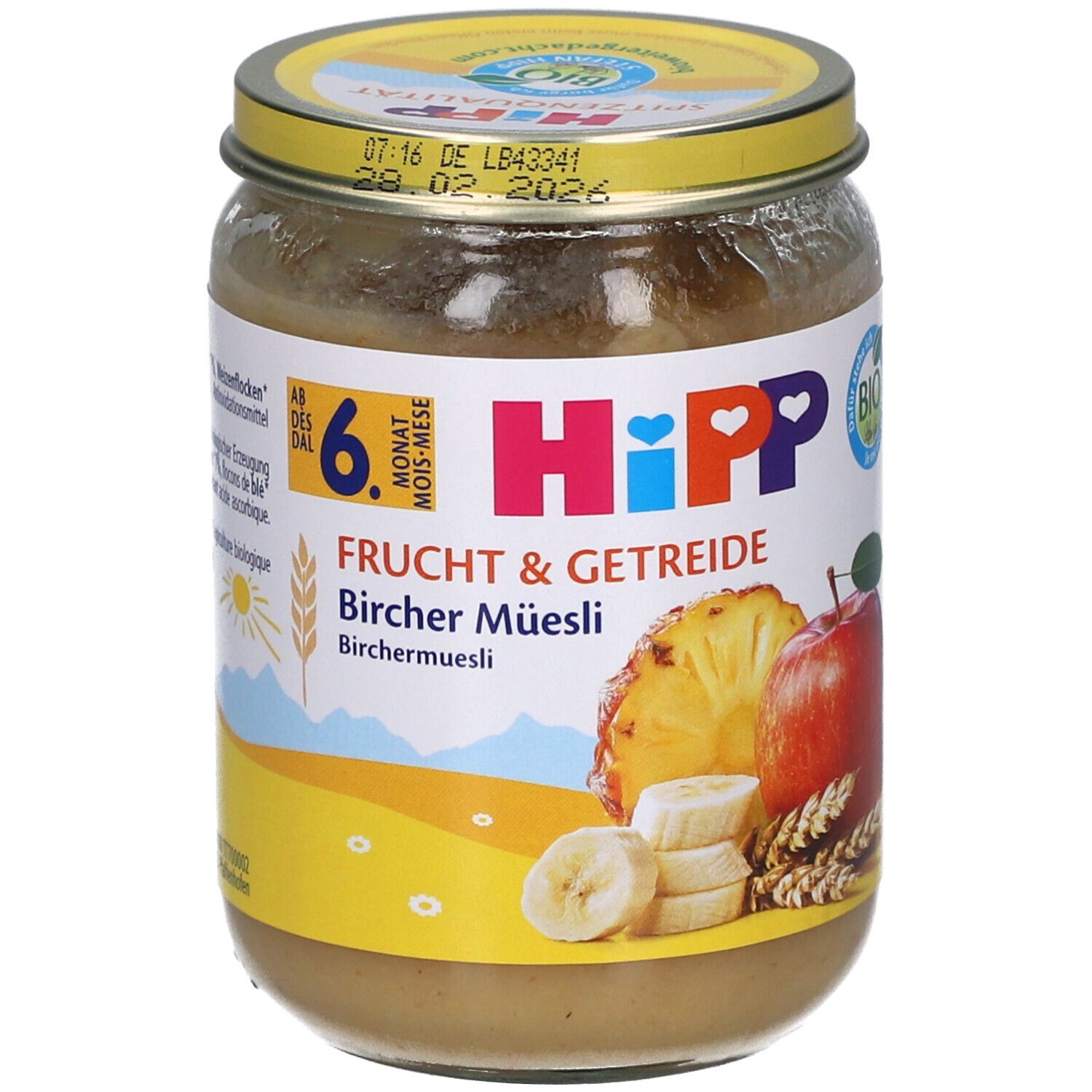 Pot de purée HiPP Bio Bircher Müsli. Inscription : 6 mois, Fruits & Céréales, Bircher Müsli. Illustration de fruits.