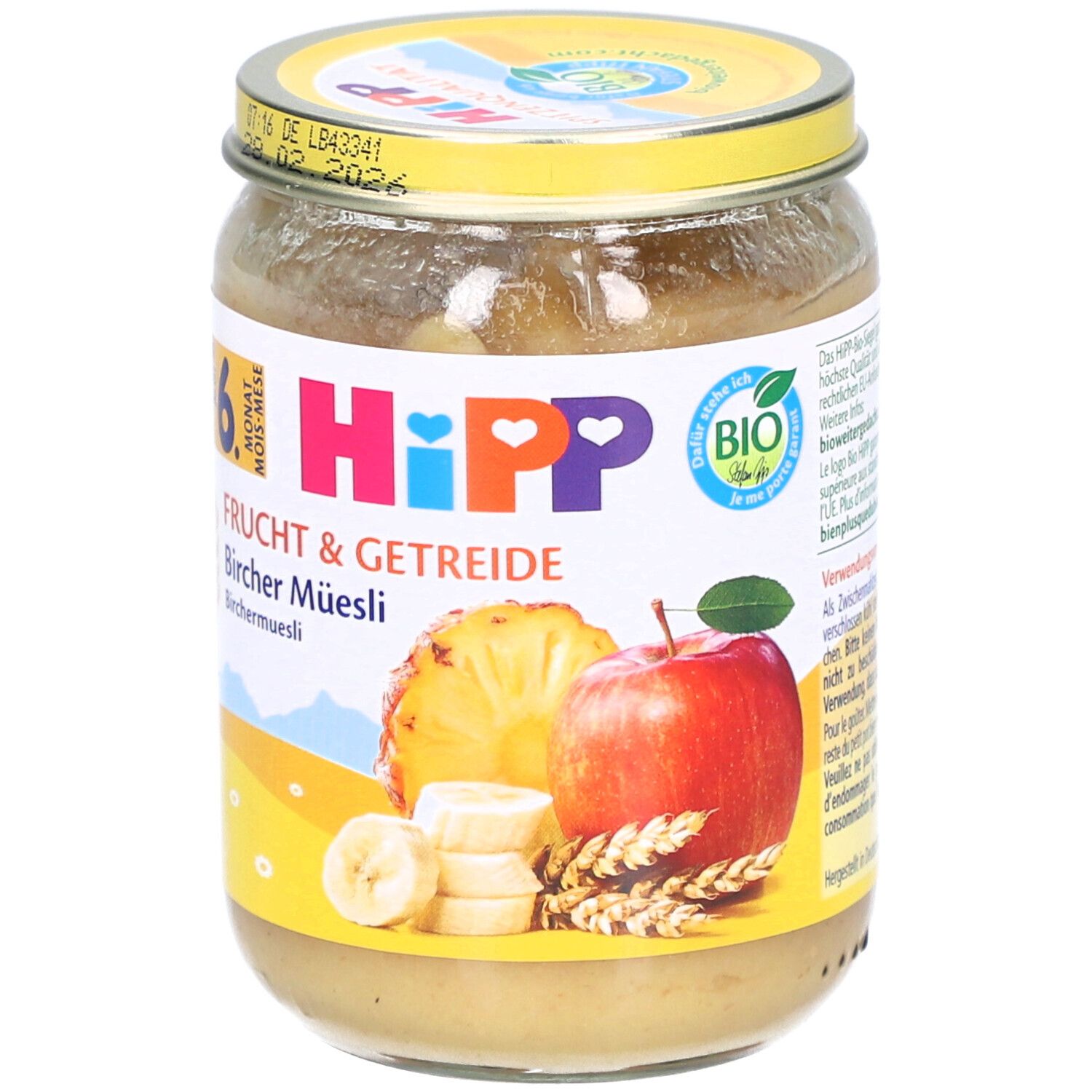 Pot de purée HiPP Bio Bircher Müsli. Inscription : 6 mois, Fruits & Céréales, Bircher Müsli. Illustration de fruits.