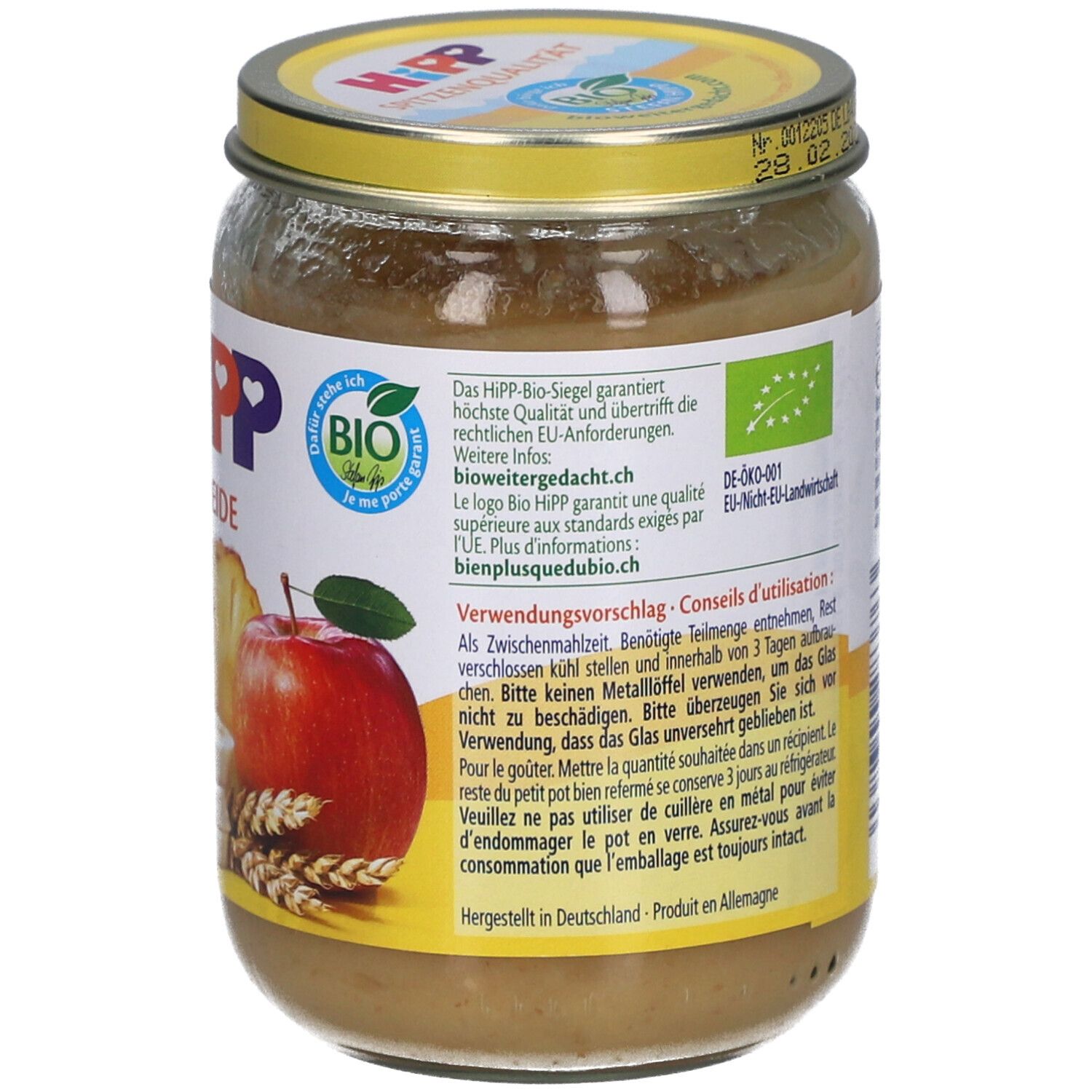 Pot de purée HiPP Bio Bircher Müsli. Dos avec informations, label bio et pays d'origine.