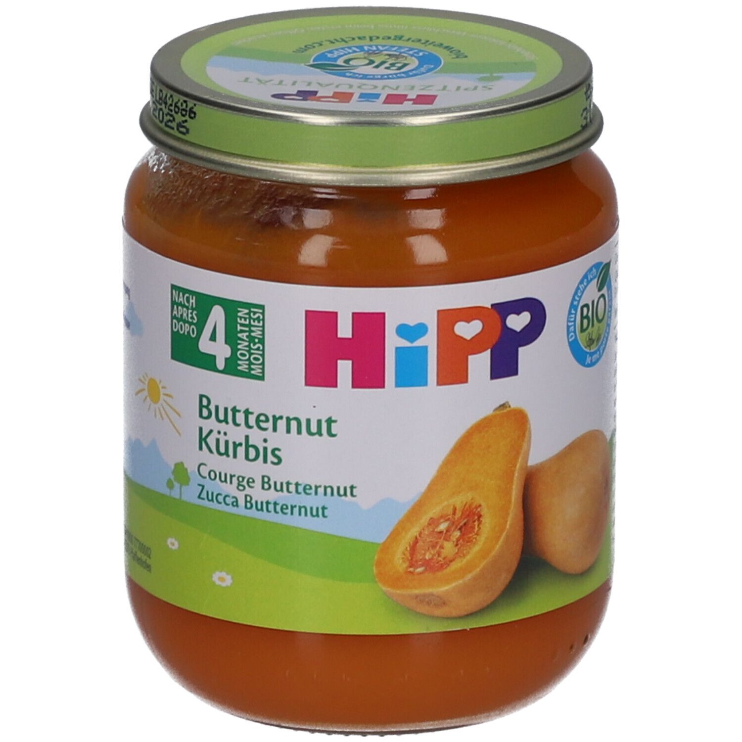 Pot de purée de courge butternut bio HiPP dès 4 mois. Étiquette avec illustration de courge, label bio et symbole soleil.