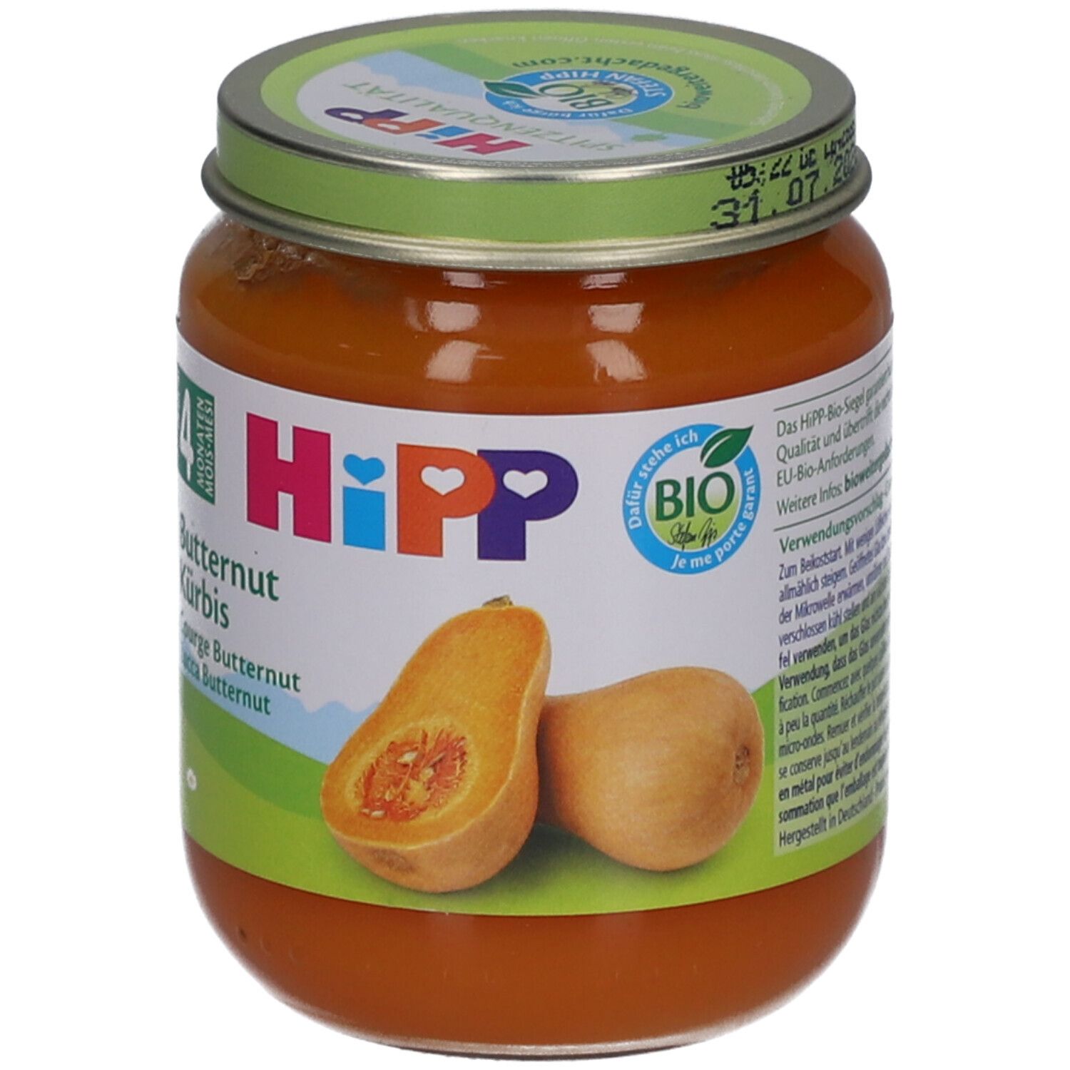 Pot de purée de courge butternut bio HiPP dès 4 mois. Étiquette avec illustration de courge, label bio et informations produit.