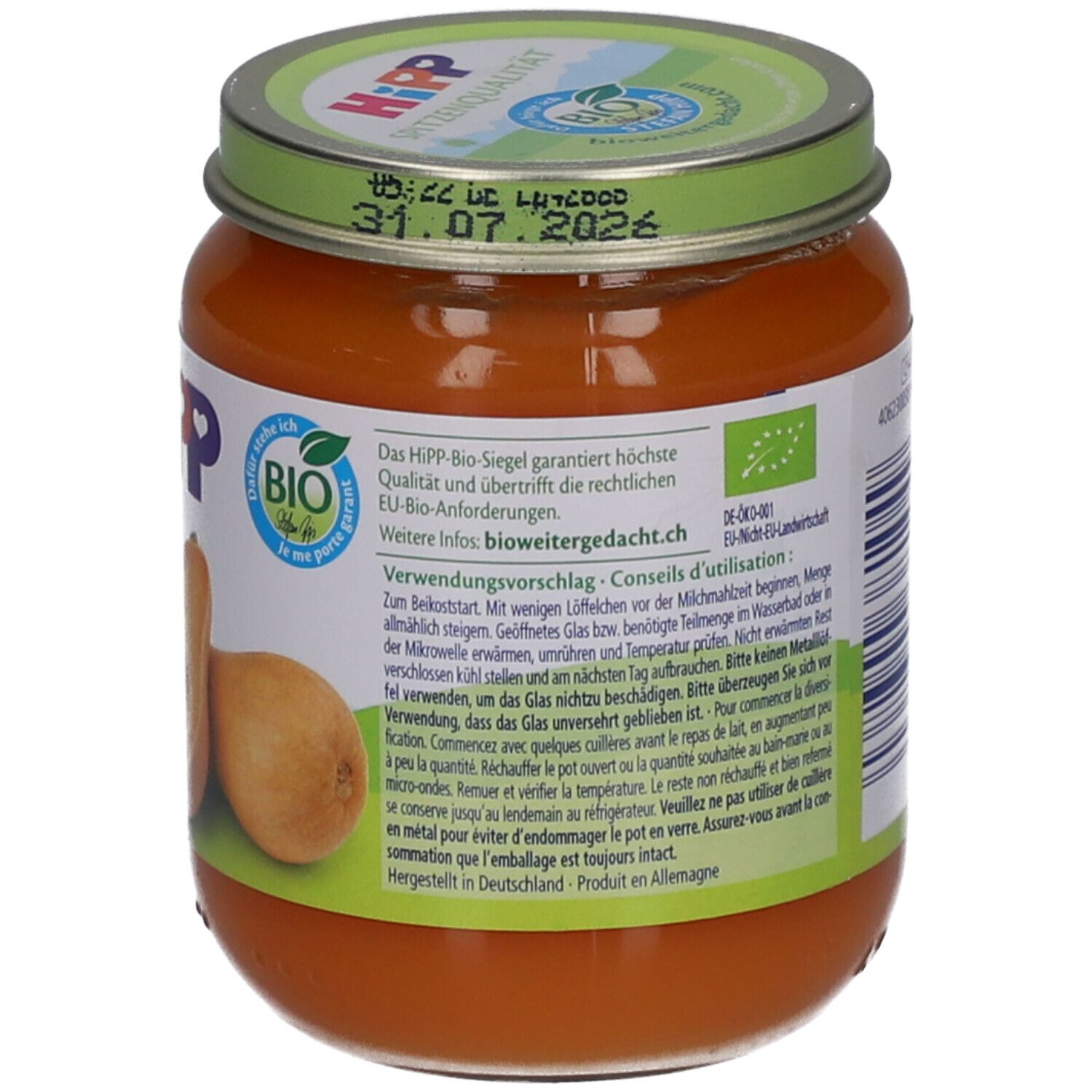 Dos du pot de purée de courge butternut bio HiPP dès 4 mois. Informations produit, label bio et mode d'emploi.