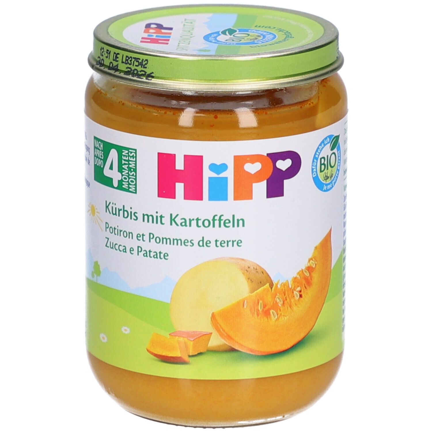 Glas mit Kürbis-Kartoffelpüree. HiPP-Logo und Bio-Siegel. Abbildung von Kürbis und Kartoffel.