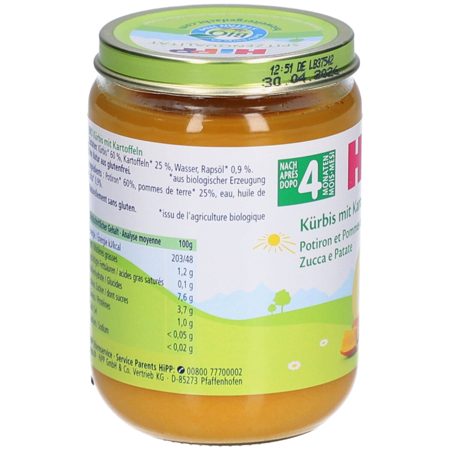 Glas mit Kürbis-Kartoffelpüree. Nährwertangaben und Zutatenliste. Bio-Siegel und HiPP-Logo.
