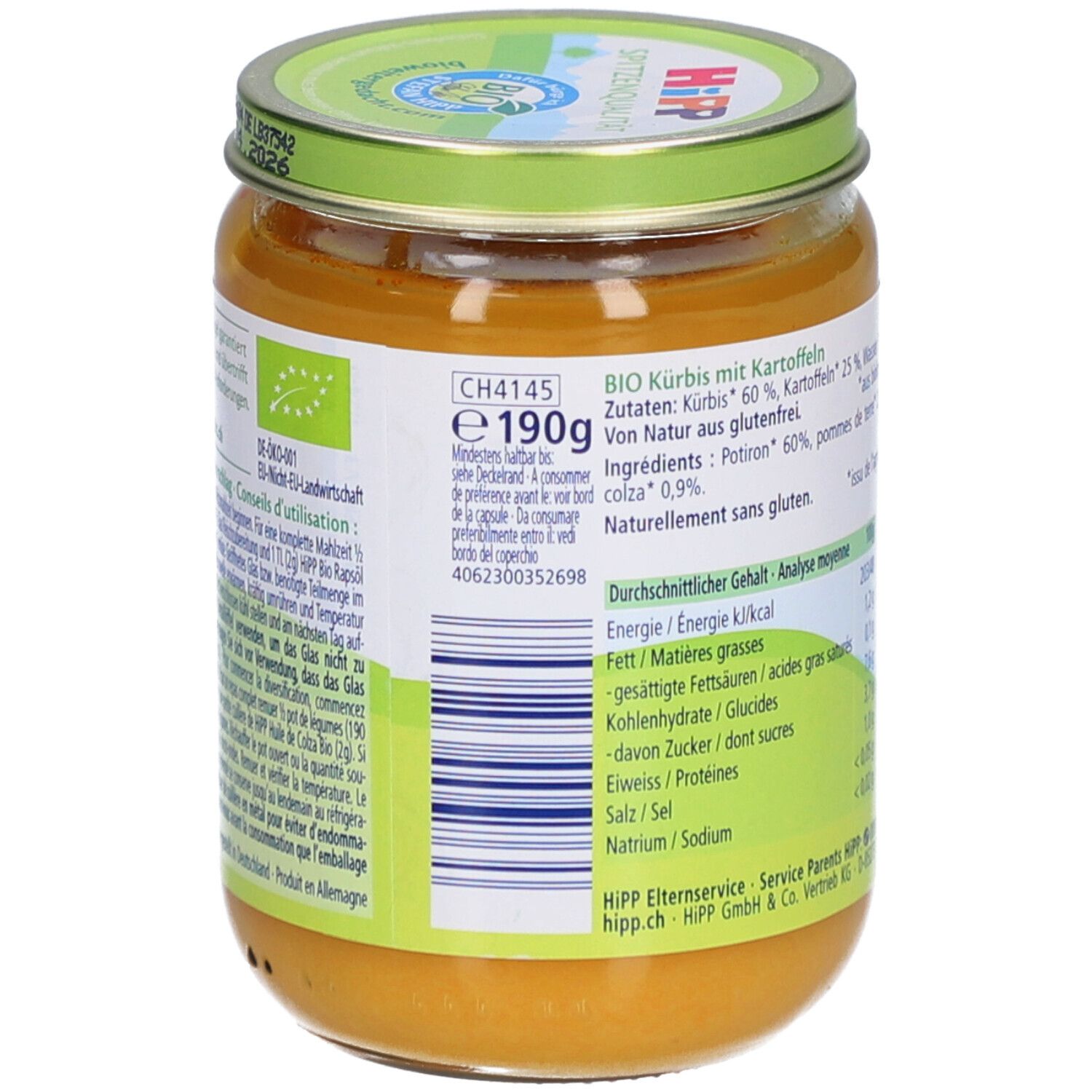 Glas mit Kürbis-Kartoffelpüree. Rückseite mit Zutaten, Nährwerten und Bio-Siegel. HiPP-Logo.