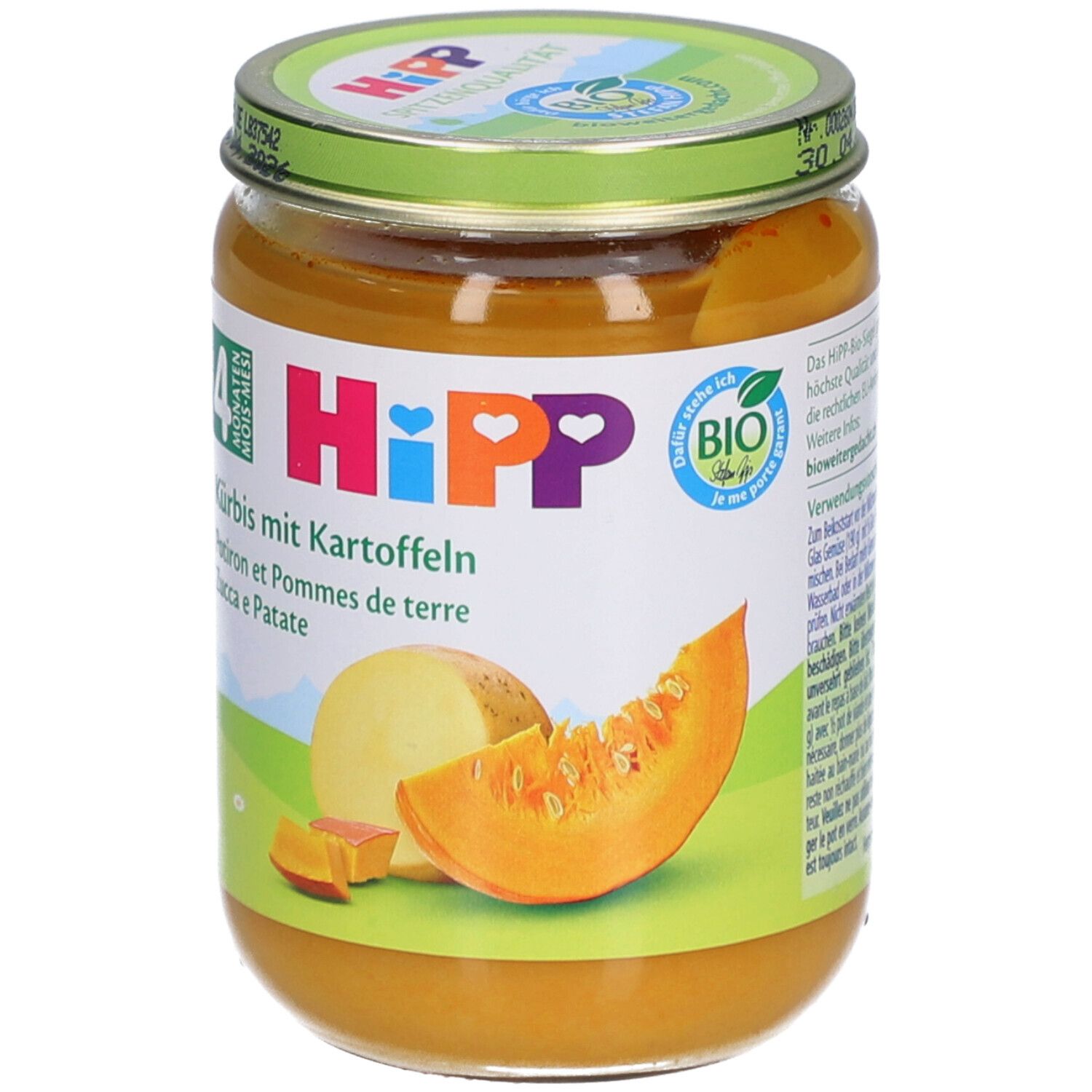 Glas mit Kürbis-Kartoffelpüree. HiPP-Logo und Bio-Siegel. Abbildung von Kürbis und Kartoffel.