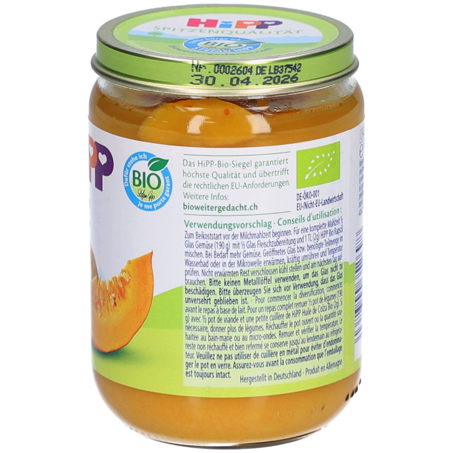 Glas mit Kürbis-Kartoffelpüree. Rückseite mit Informationen, Bio-Siegel und HiPP-Logo.