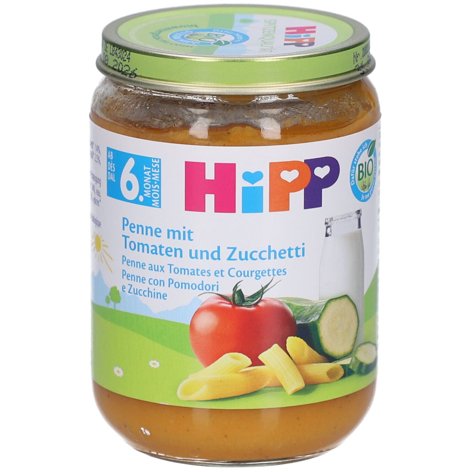 Pot de HiPP Bio-Penne aux tomates et courgettes. Étiquette avec ingrédients, logo et label bio. Tomate, courgette et pâtes penne illustrées.