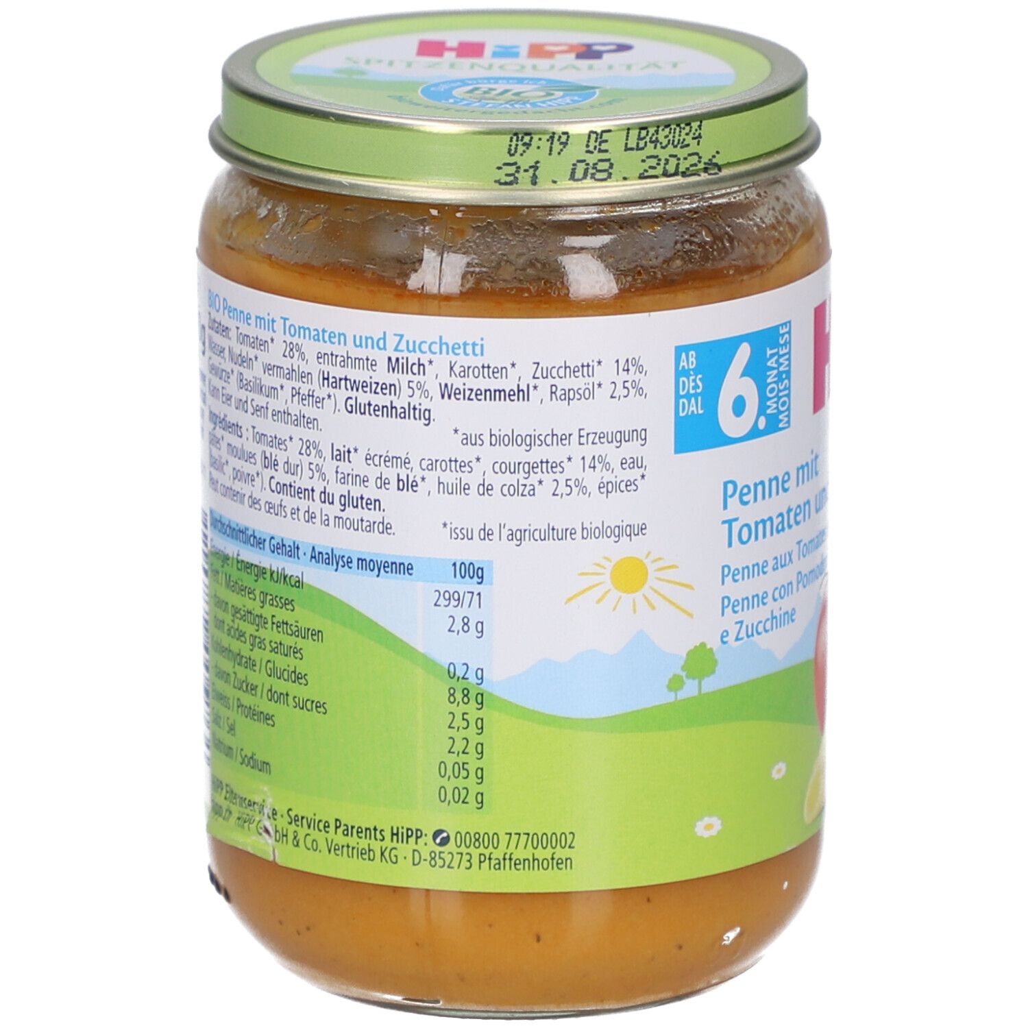 Dos du pot HiPP Bio-Penne aux tomates et courgettes. Liste des ingrédients, informations nutritionnelles et label bio. Date de péremption.