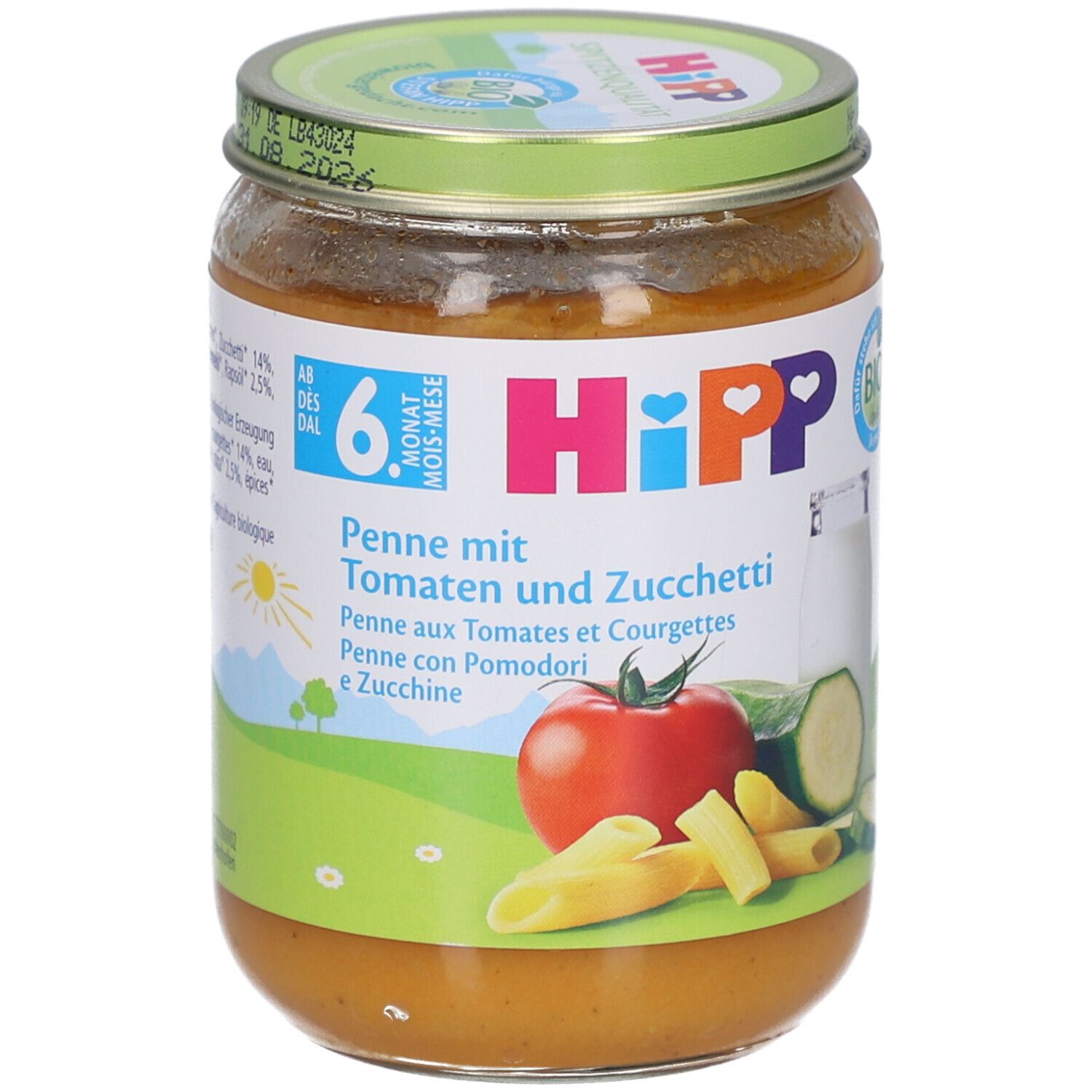 Pot de HiPP Bio-Penne aux tomates et courgettes. Étiquette avec ingrédients, logo et label bio. Tomate, courgette et pâtes penne illustrées.