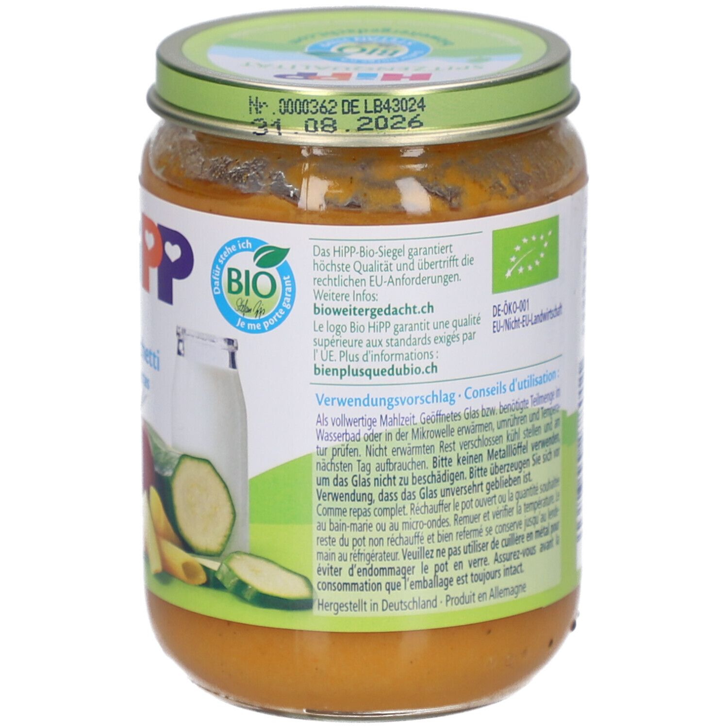 Dos du pot HiPP Bio-Penne aux tomates et courgettes. Liste des ingrédients, informations nutritionnelles et label bio. Date de péremption.
