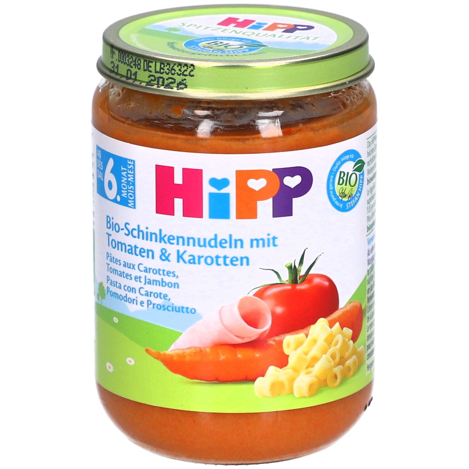 Pot de HiPP Bio-Nudeln mit Schinken Tomaten & Karotten. Dès 6 mois. Illustrations de tomate, carotte, pâtes et jambon.