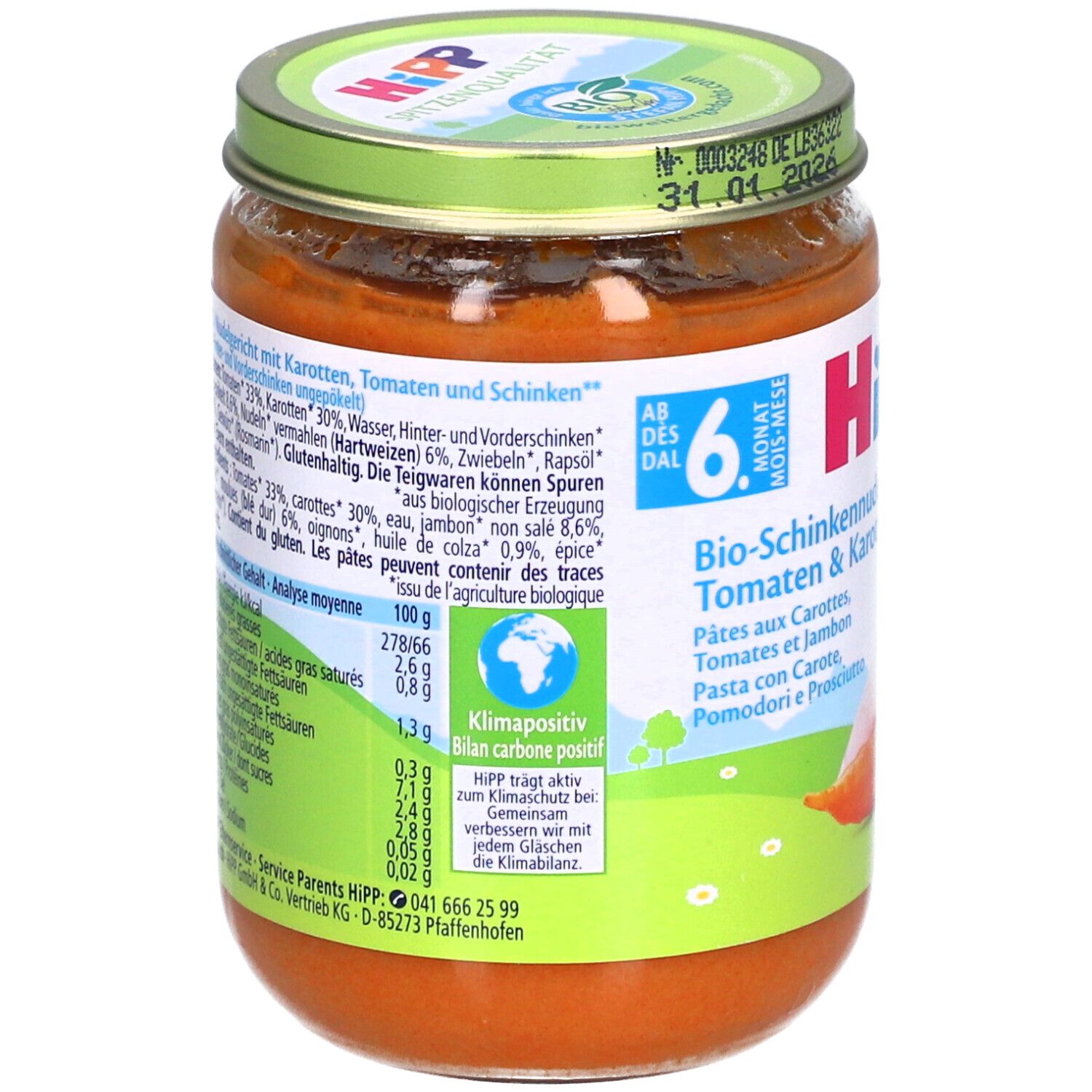 Dos du pot HiPP Bio-Nudeln mit Schinken Tomaten & Karotten. Liste des ingrédients, valeurs nutritionnelles, label bio et logo bilan carbone.