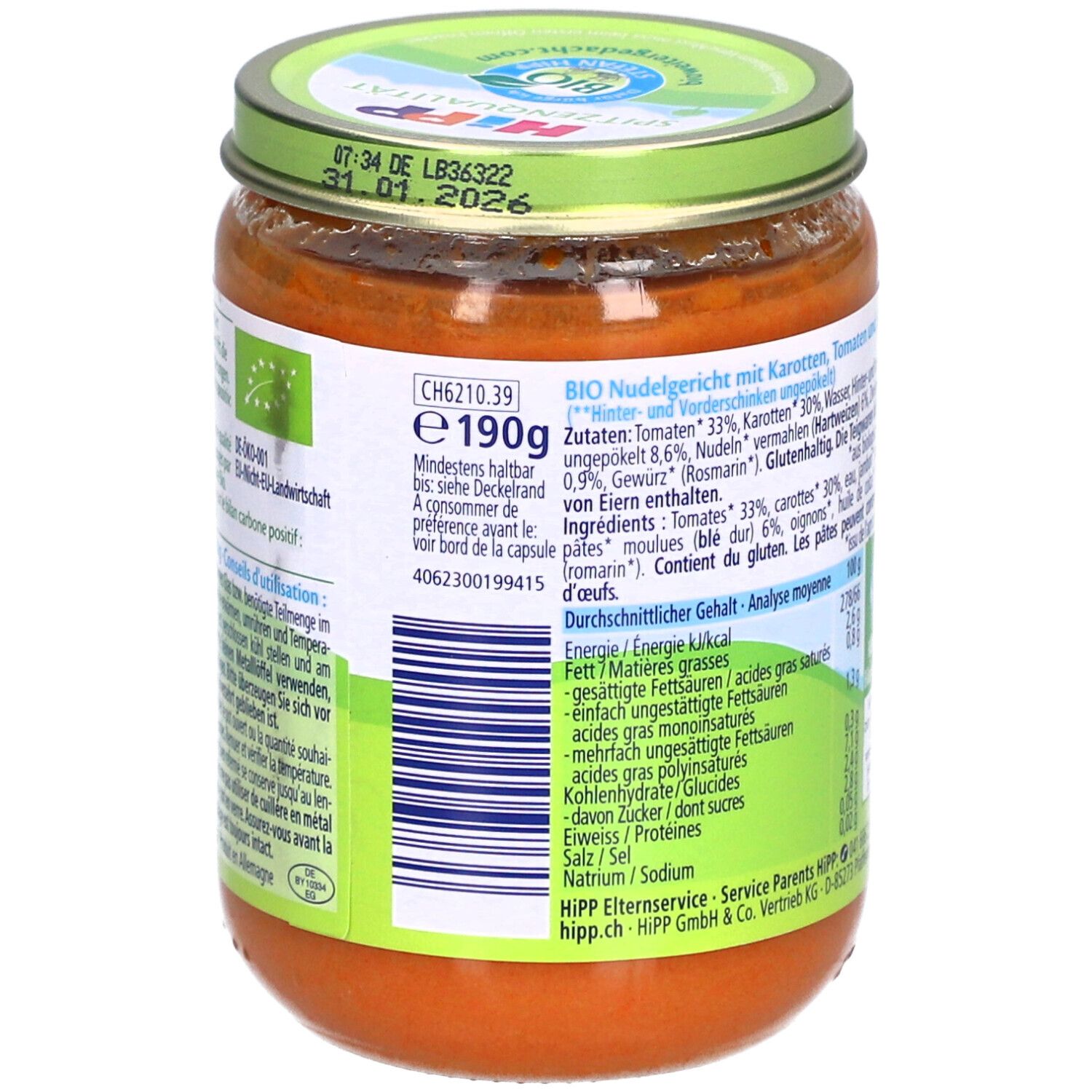 Pot HiPP Bio-Nudeln mit Schinken Tomaten & Karotten. Liste des ingrédients, valeurs nutritionnelles. Label bio. Date de péremption.